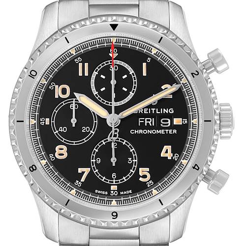 The Breitling Aviator A13316101B1A1 Men's Stainless Steel Black Dial watch is shown from the front, displaying the dial, bezel, and crown.