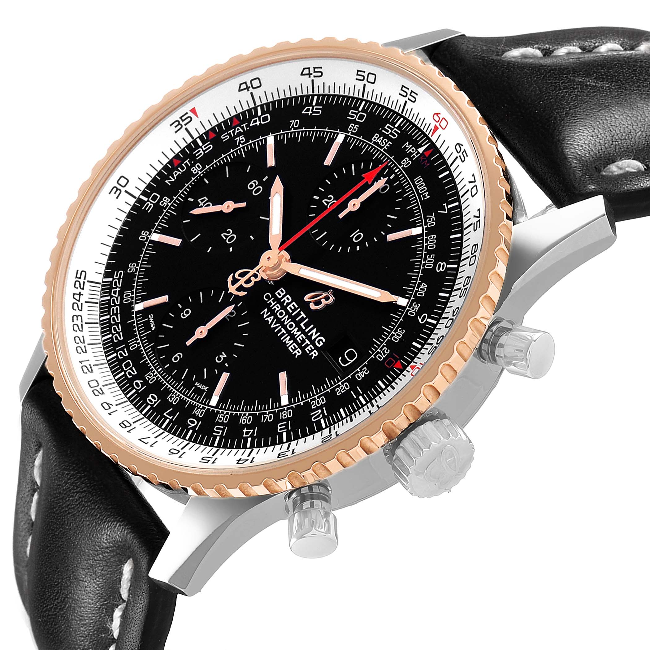 The Breitling Navitimer U13324 Men's Stainless Steel Black Dial watch is shown at an angled side view, highlighting the bezel, crown, pushers, and strap.