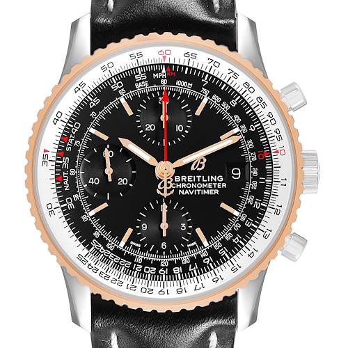 The Breitling Navitimer U13324 Men's Stainless Steel Black Dial watch is shown from a front angle, highlighting the intricate dial, bezel, and crown.