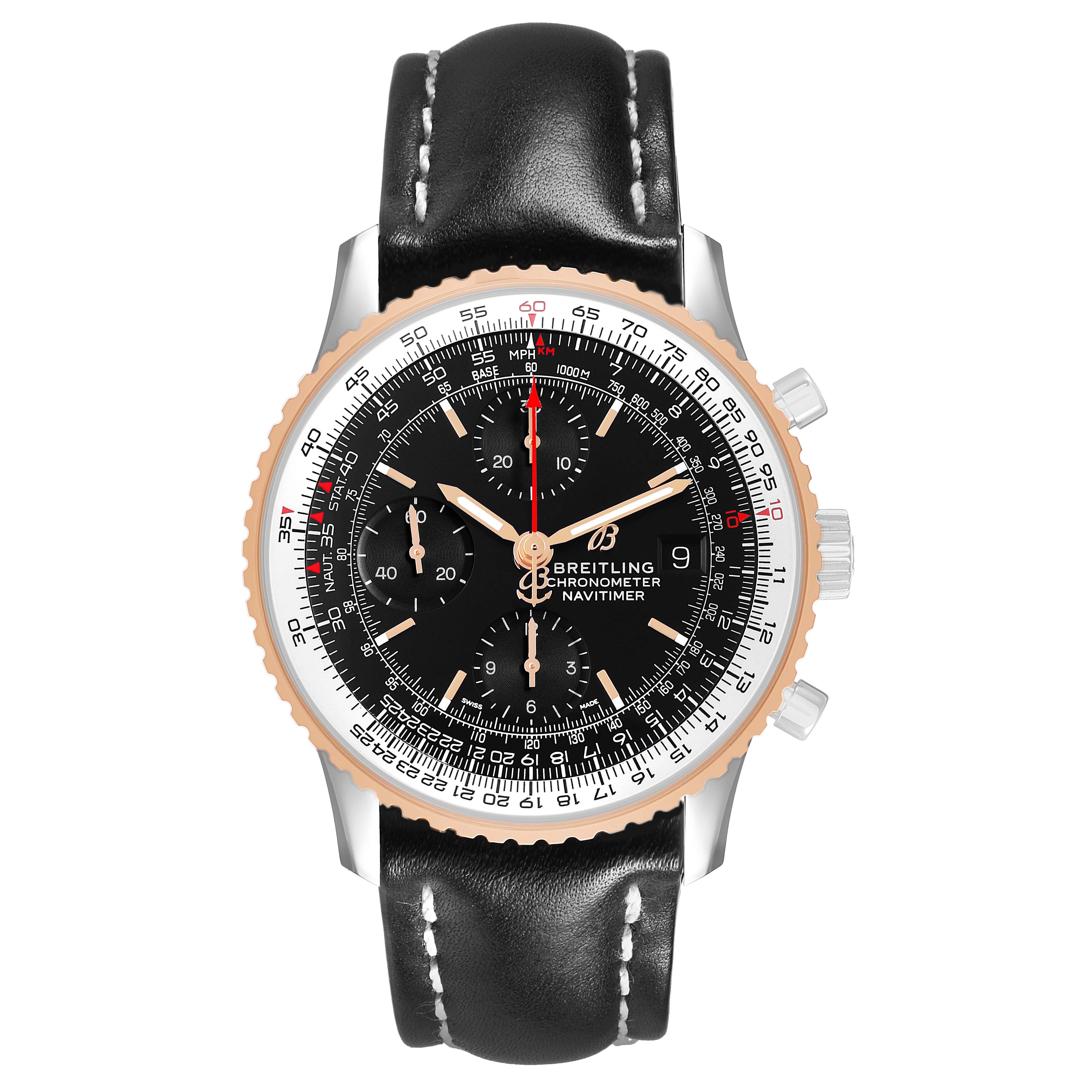 The Breitling Navitimer U13324 Men's Stainless Steel Black Dial watch is shown from a top-down angle, displaying the face, bezel, and leather strap.