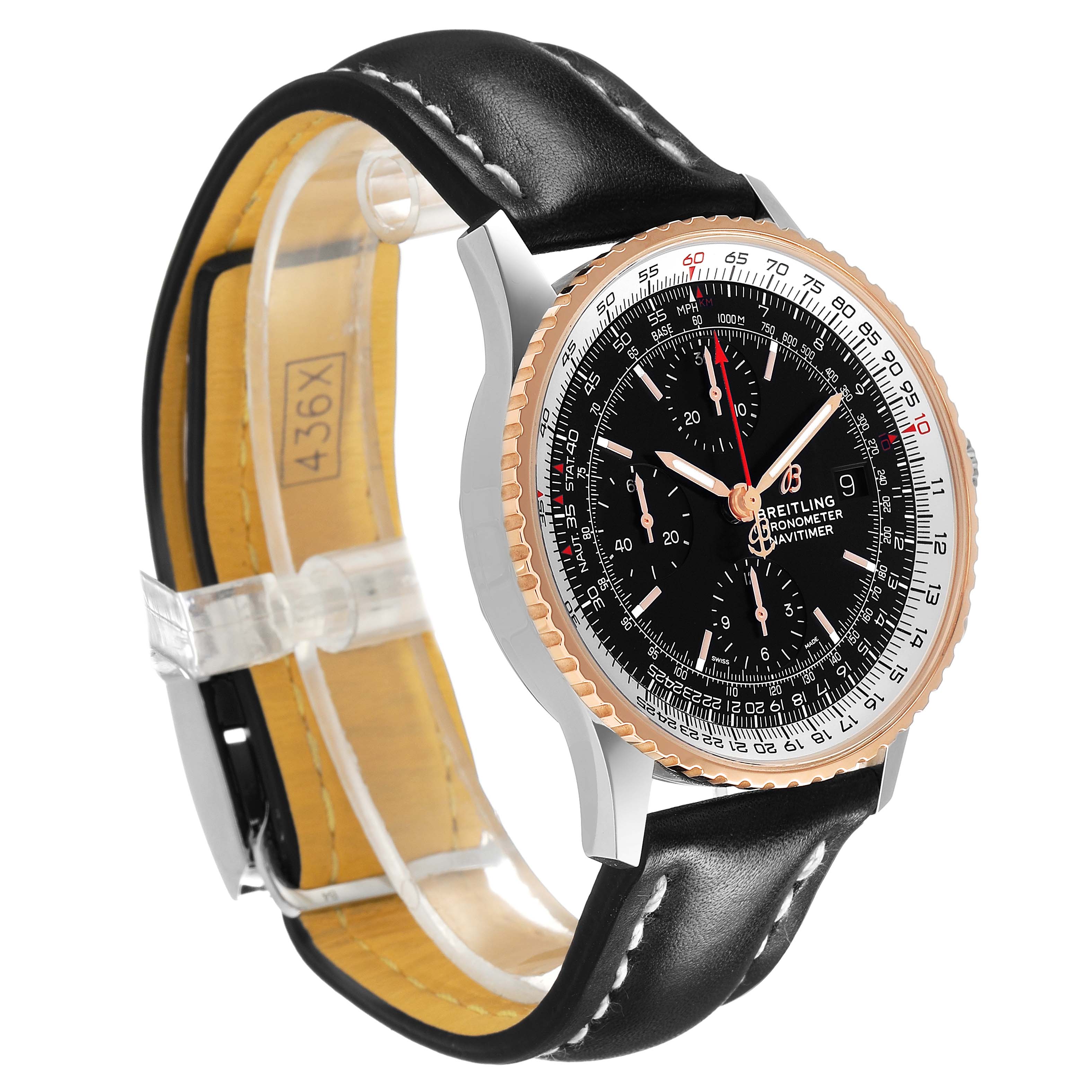 The Breitling Navitimer U13324 Men's Stainless Steel Black Dial watch is shown from a three-quarter angle, displaying its face, bezel, and leather strap.