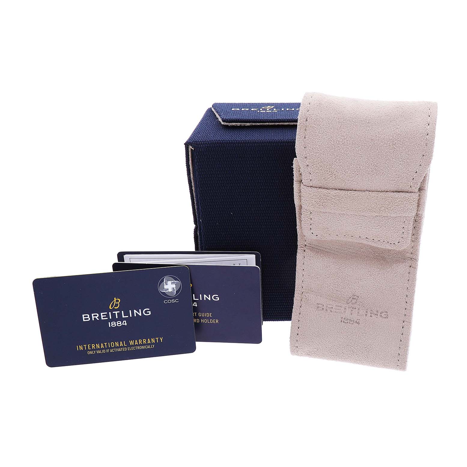 The image shows Breitling Navitimer U13324 Men's Stainless Steel Black Dial watch accessories including a box, pouch, and warranty cards from a front angle.