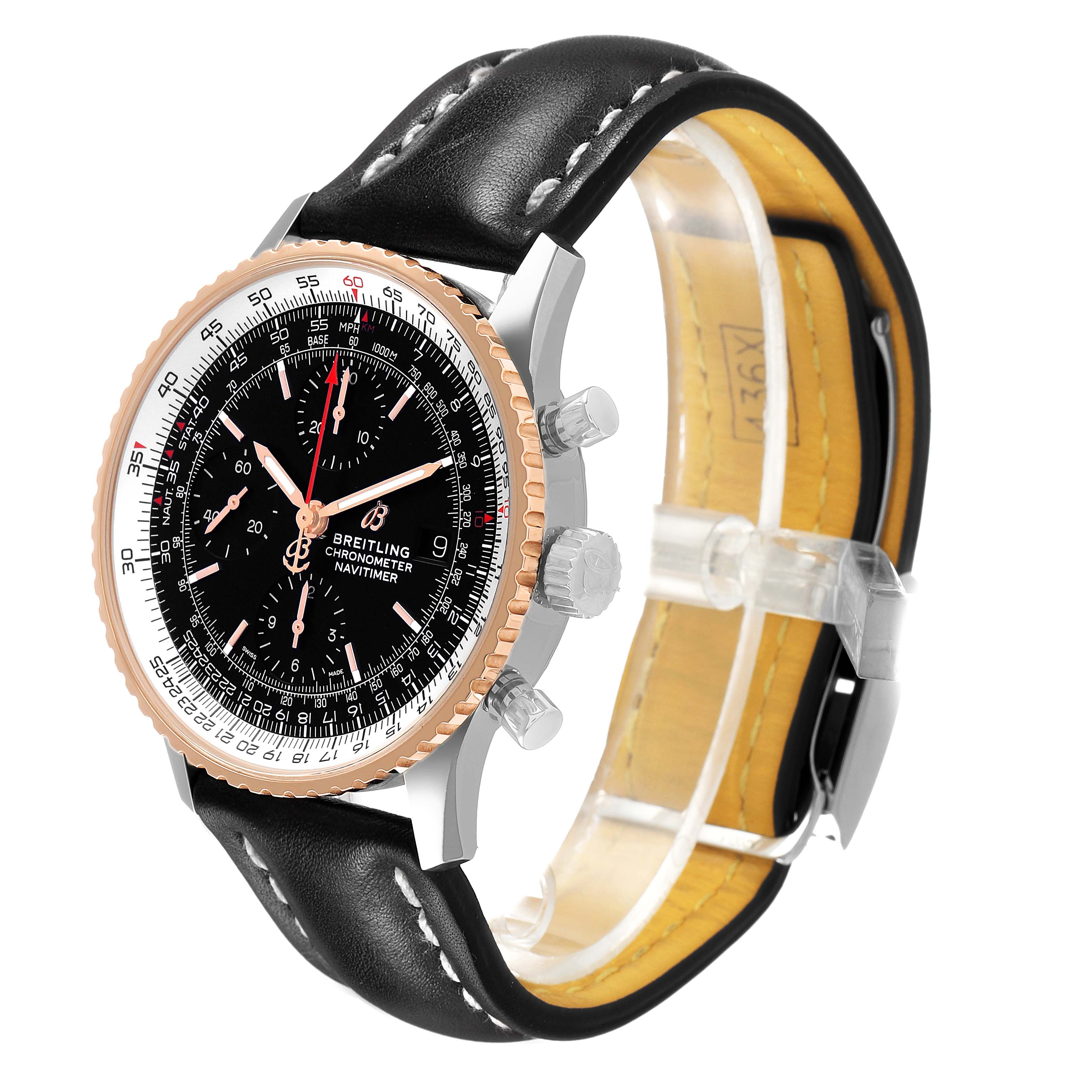 The Breitling Navitimer U13324 Men's Stainless Steel Black Dial watch is shown at a three-quarter angle, highlighting the face, bezel, crown, and leather strap.