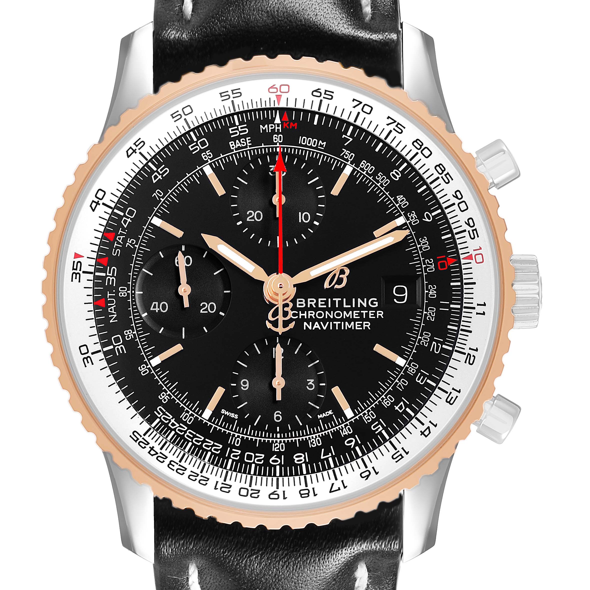 The Breitling Navitimer U13324 Men's Stainless Steel Black Dial watch is shown from a front view displaying the face, bezel, and strap attachment.