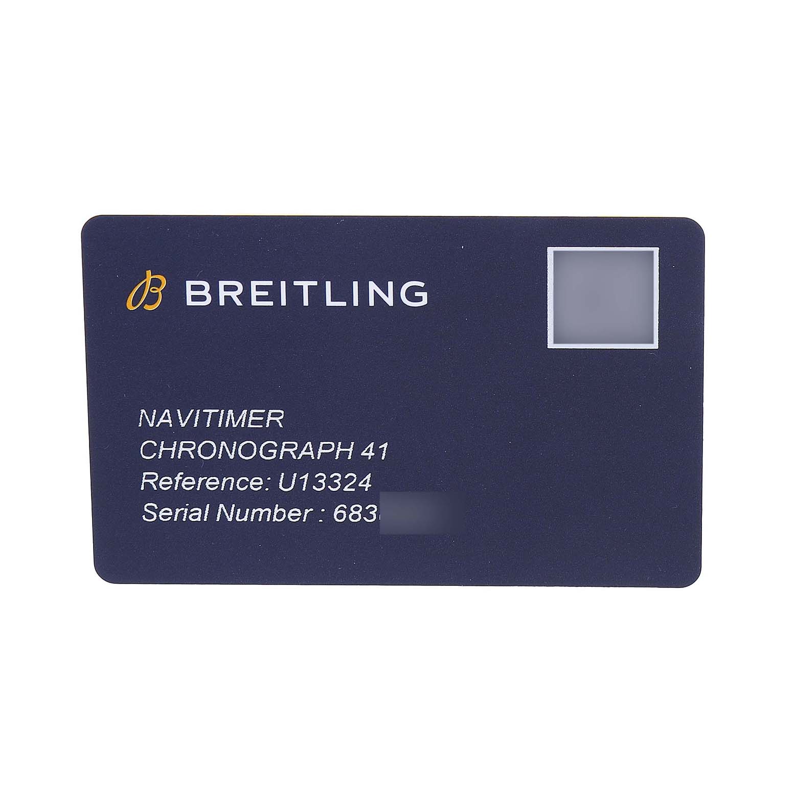 The image shows a Breitling Navitimer U13324 Men's Stainless Steel Black Dial Chronograph 41 authentication card with reference and serial numbers.