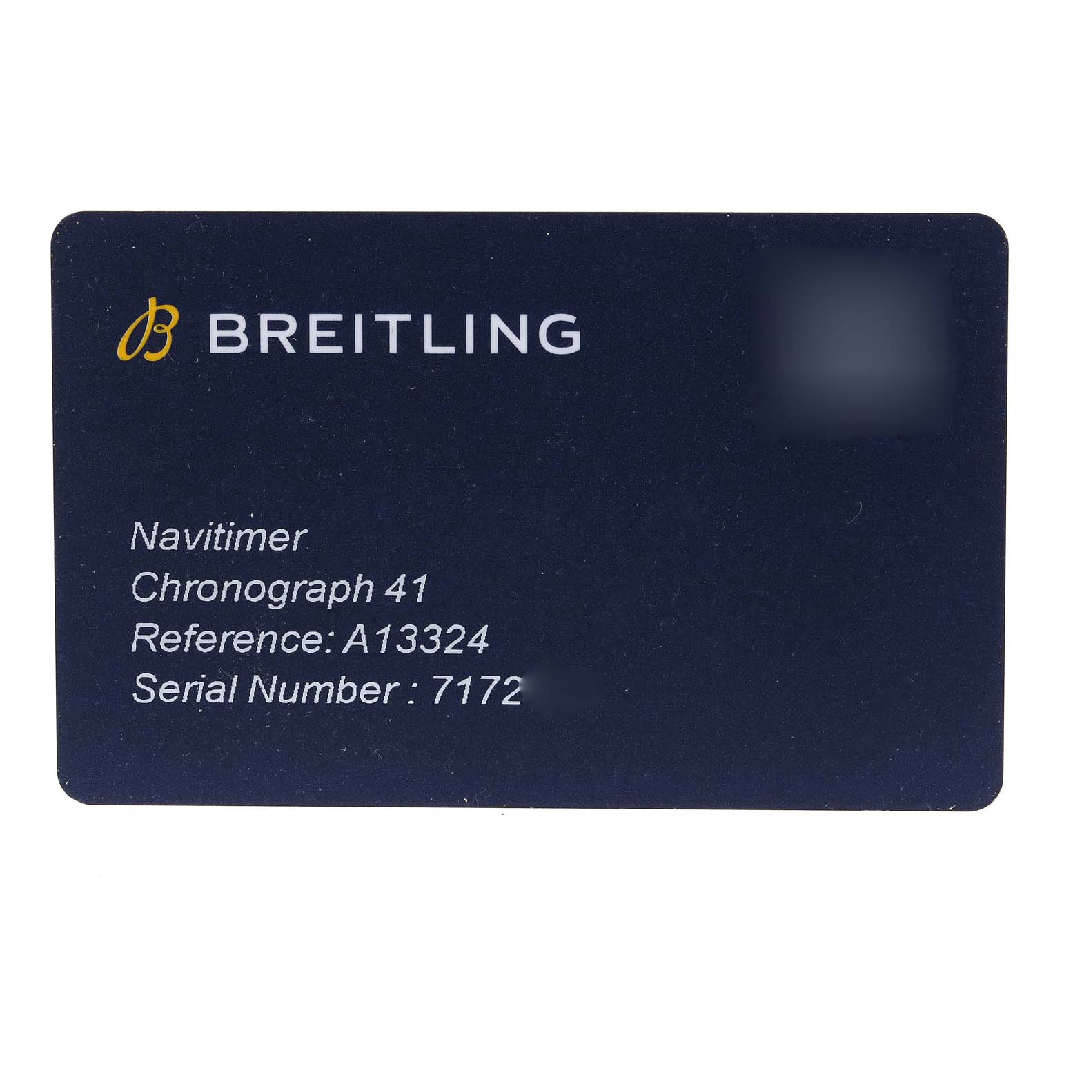 This image shows the warranty card for the Breitling Navitimer A13324 Men
s Stainless Steel Black Dial A13324 Men
s Stainless Steel Black Dial Chronograph 41, model A13324.