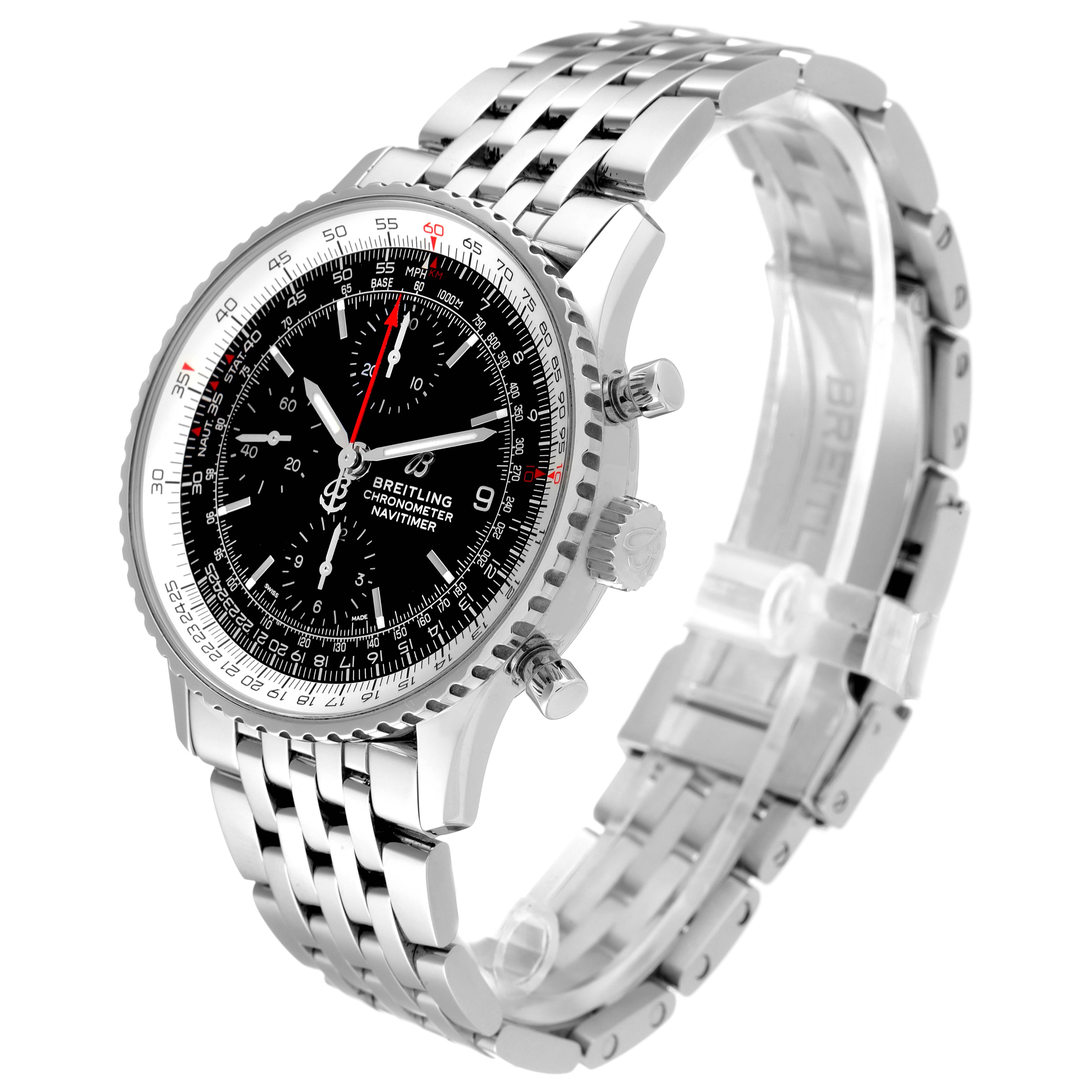 The Breitling Navitimer A13324 Men
s Stainless Steel Black Dial A13324 Men
s Stainless Steel Black Dial watch is shown at an angle displaying the face, bezel, crown, pushers, and bracelet.