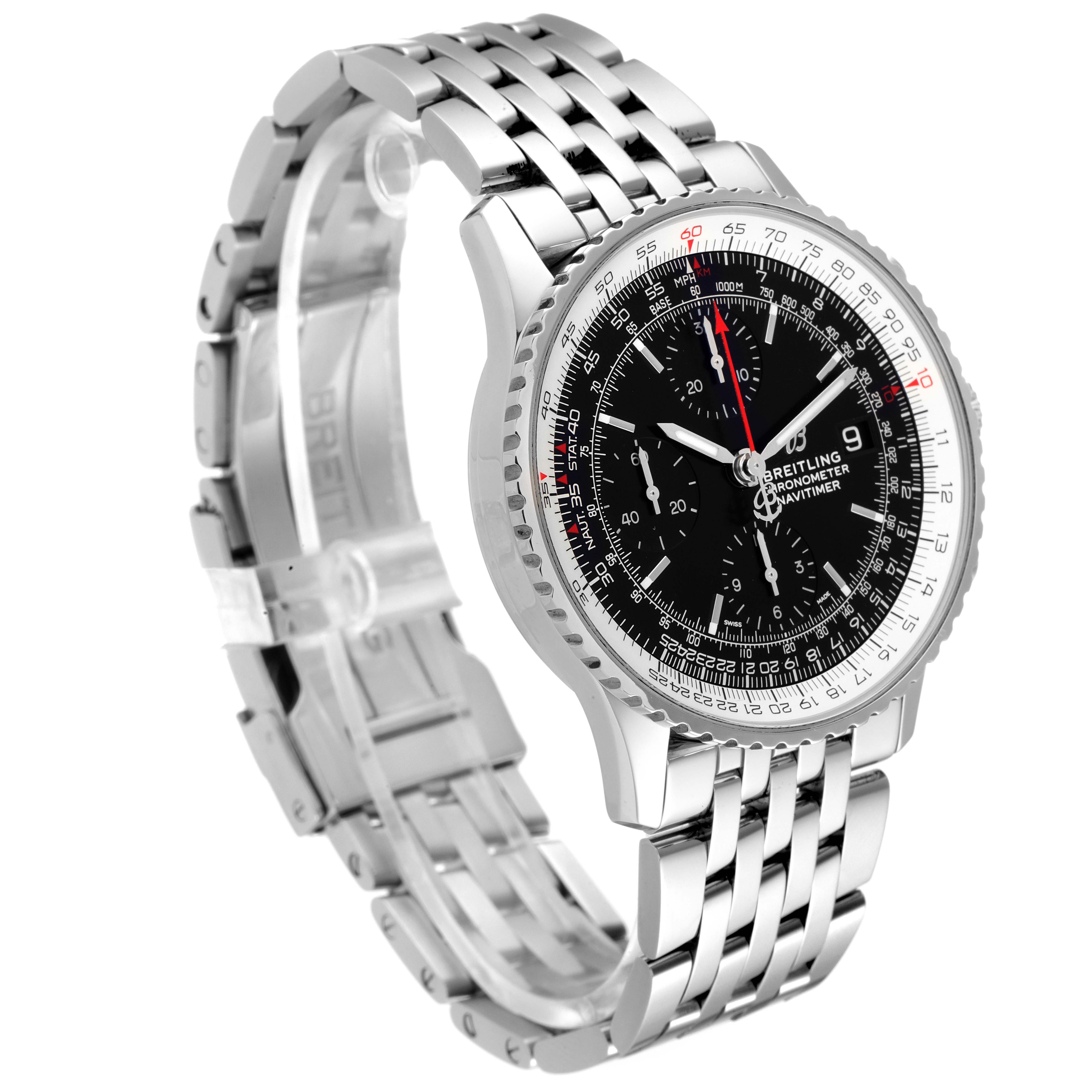 The Breitling Navitimer A13324 Men
s Stainless Steel Black Dial A13324 Men
s Stainless Steel Black Dial watch is shown at a slight angle, highlighting its black dial, bezel, and stainless steel bracelet.