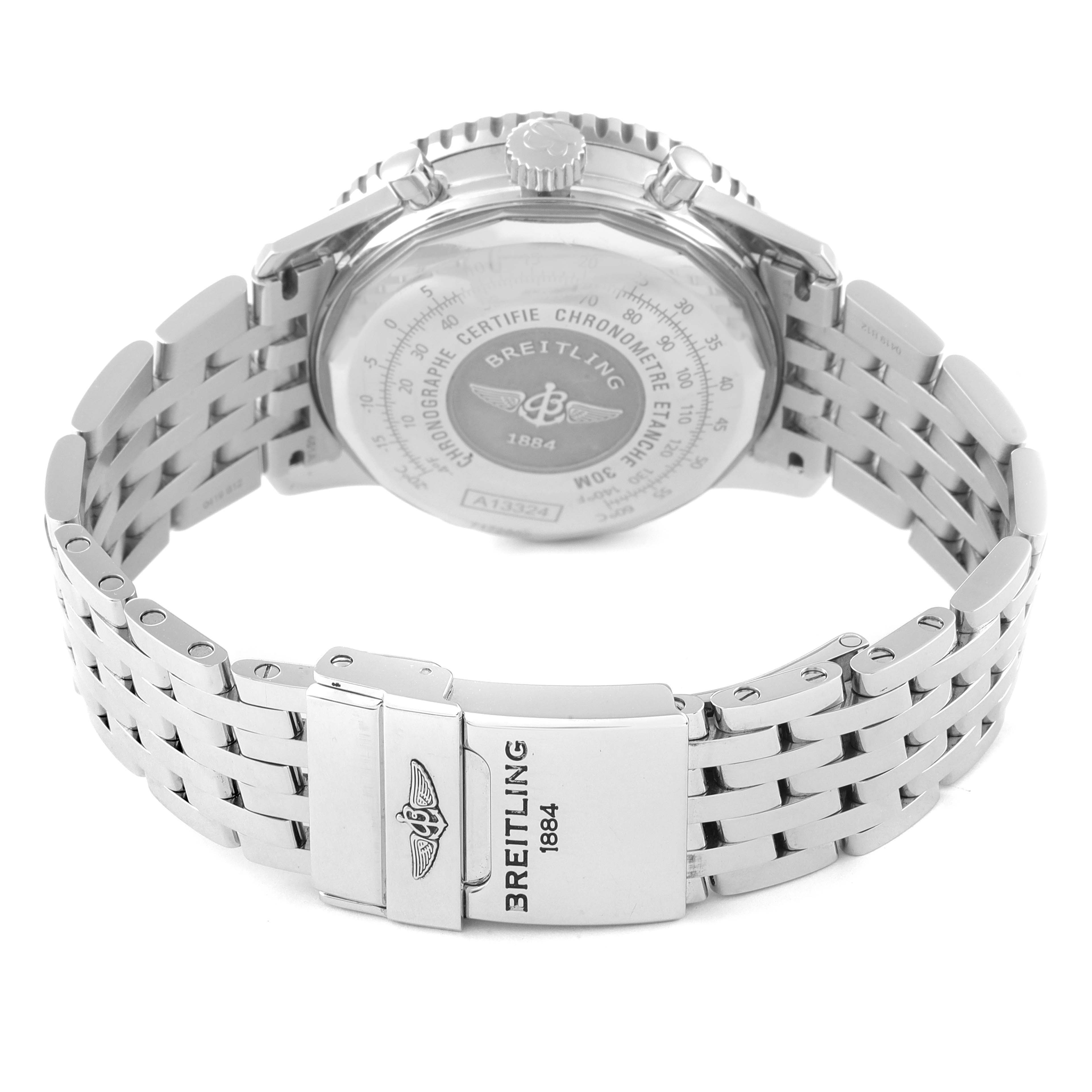 The image shows the back and clasp of a Breitling Navitimer A13324 Men
s Stainless Steel Black Dial A13324 Men
s Stainless Steel Black Dial watch, highlighting the case back and stainless steel bracelet.