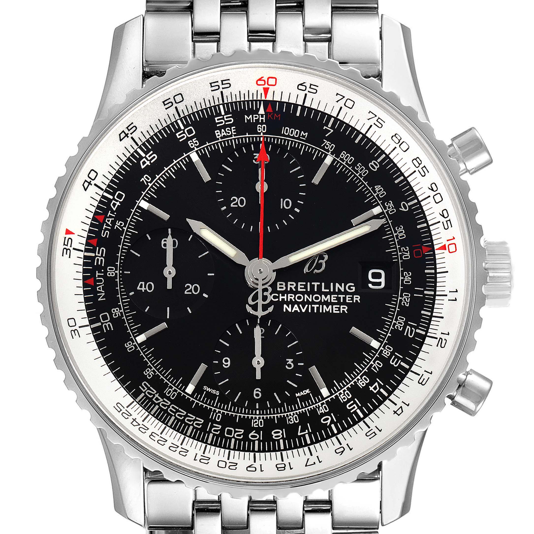 The image shows a full frontal view of a Breitling Navitimer A13324 Men
s Stainless Steel Black Dial A13324 Men
s Stainless Steel Black Dial watch, highlighting the dial, bezel, subdials, and part of the stainless steel bracelet.