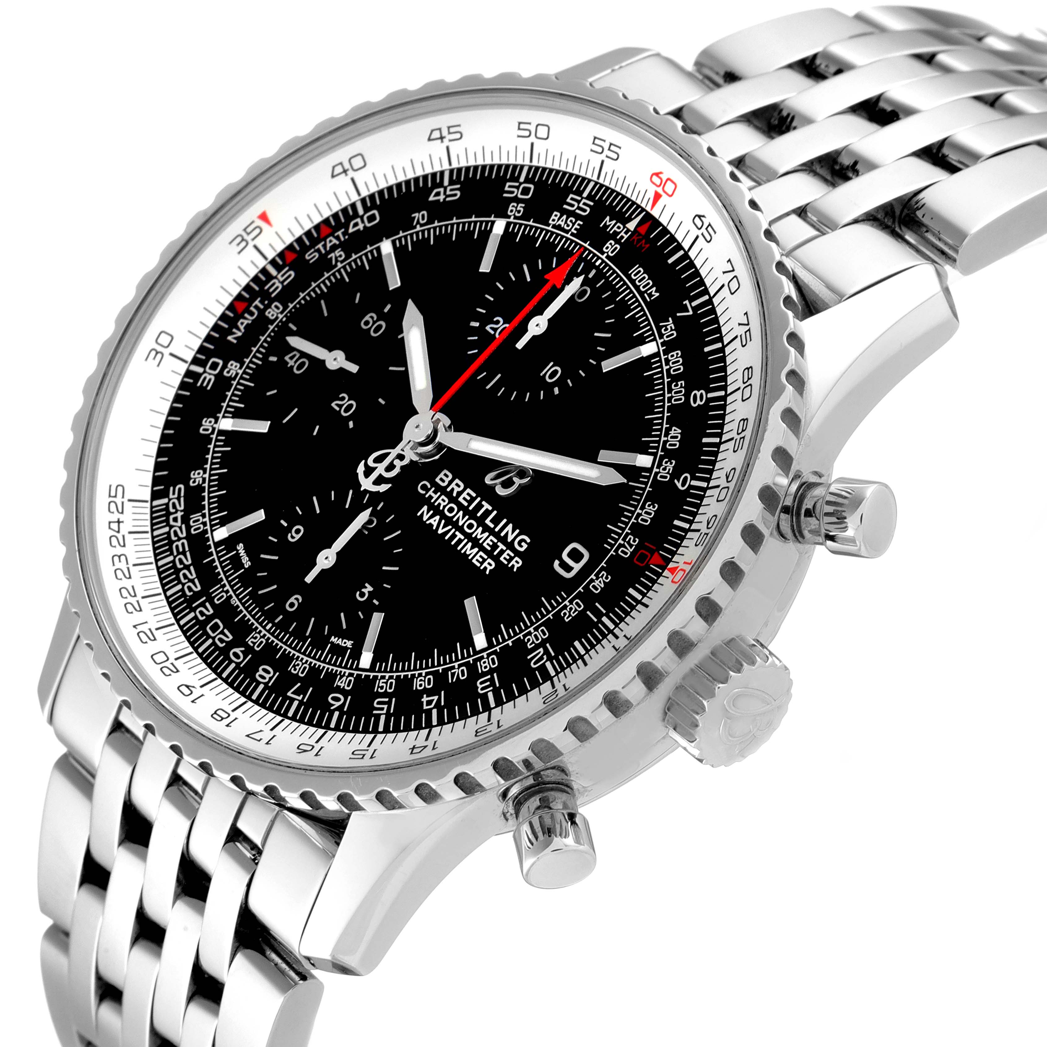 The image shows a Breitling Navitimer A13324 Men
s Stainless Steel Black Dial A13324 Men
s Stainless Steel Black Dial watch at an angled close-up, highlighting its face, bezel, and metal bracelet.