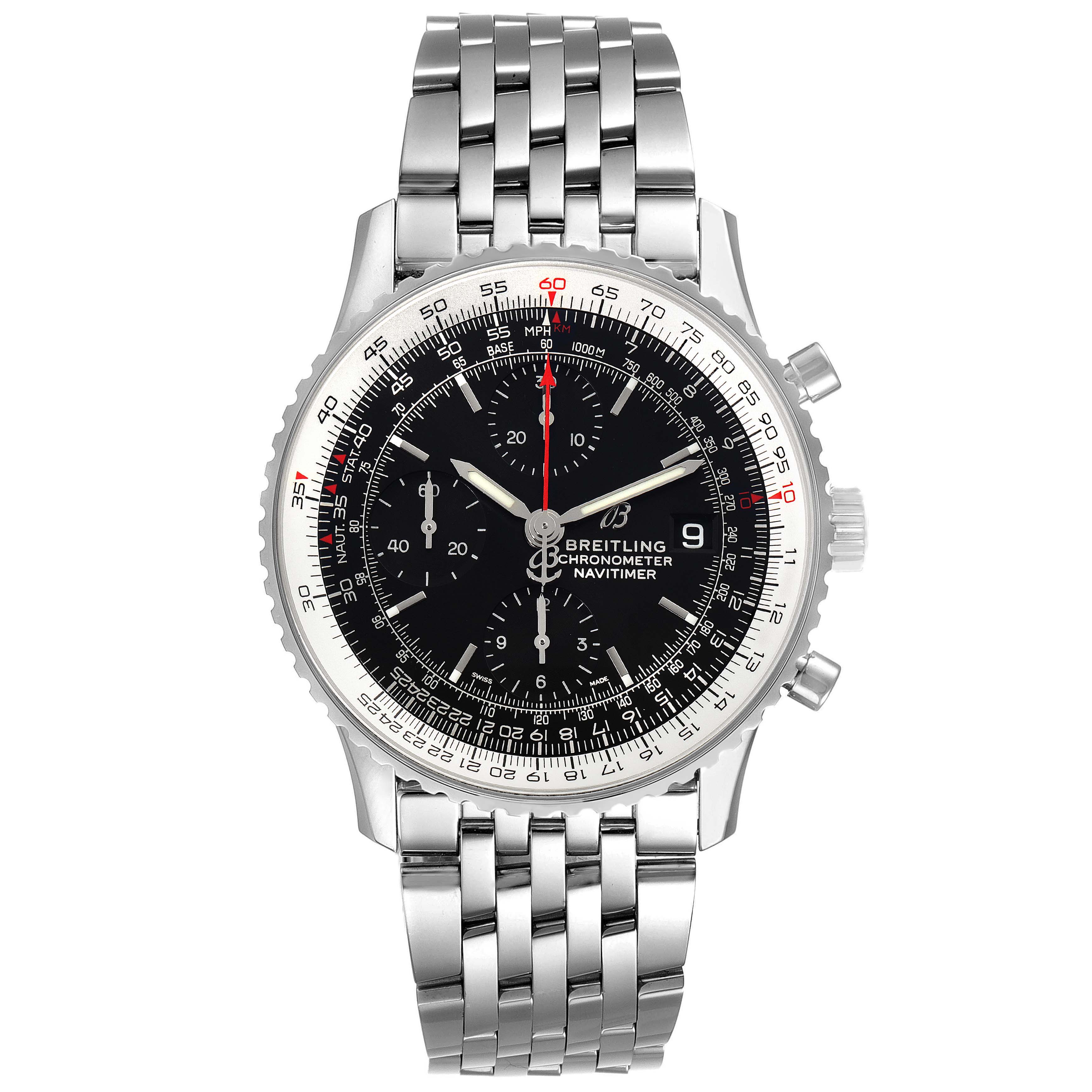 The image shows a front view of the Breitling Navitimer A13324 Men
s Stainless Steel Black Dial A13324 Men
s Stainless Steel Black Dial watch, highlighting its stainless steel bracelet, black dial, and chronograph features.