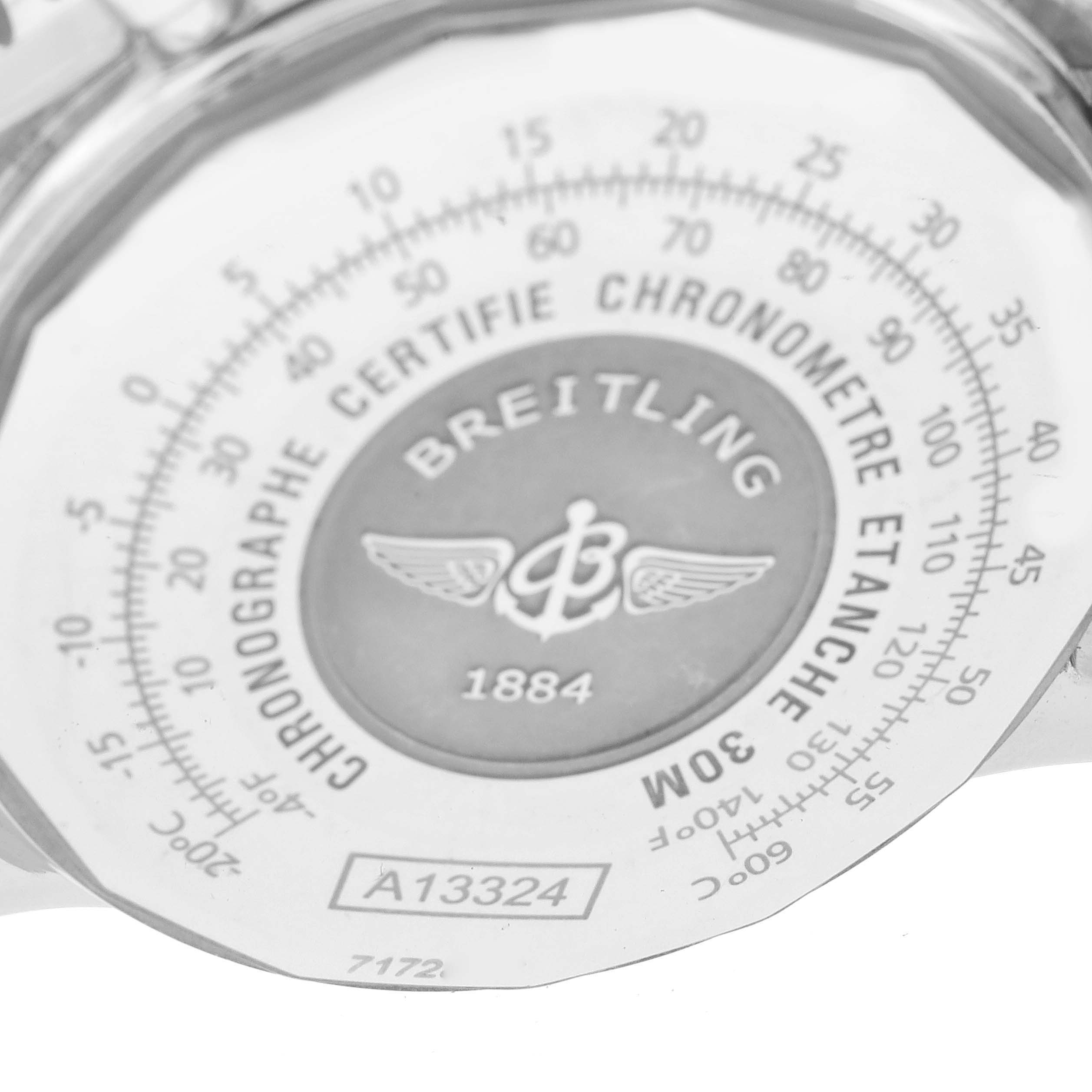The image shows the back case of a Breitling Navitimer A13324 Men
s Stainless Steel Black Dial A13324 Men
s Stainless Steel Black Dial watch, highlighting the model number A13324 and certification details.