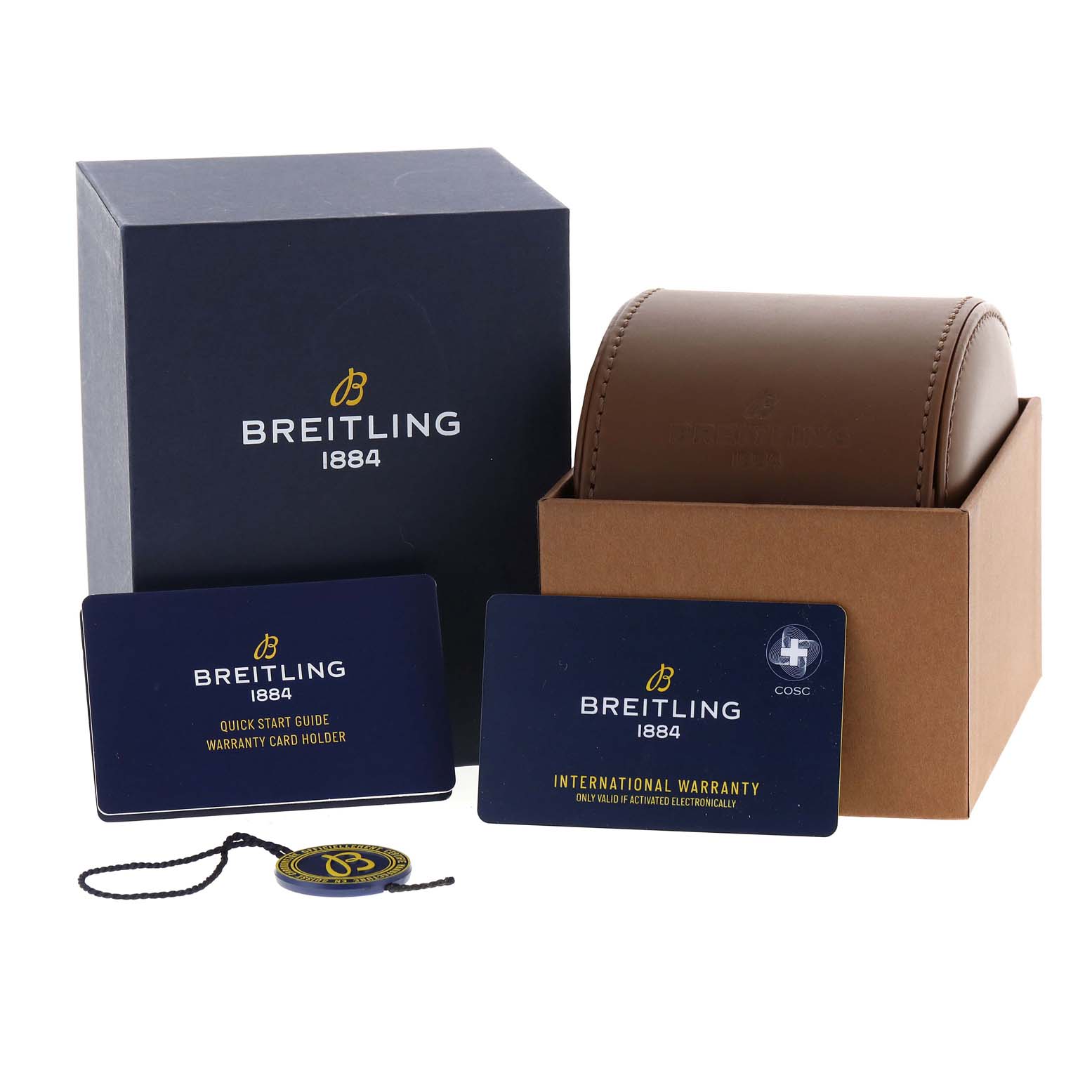 The image shows the Breitling Navitimer A13324 Men
s Stainless Steel Black Dial A13324 Men
s Stainless Steel Black Dial watch packaging, warranty cards, a quick start guide, and a brown leather watch case.