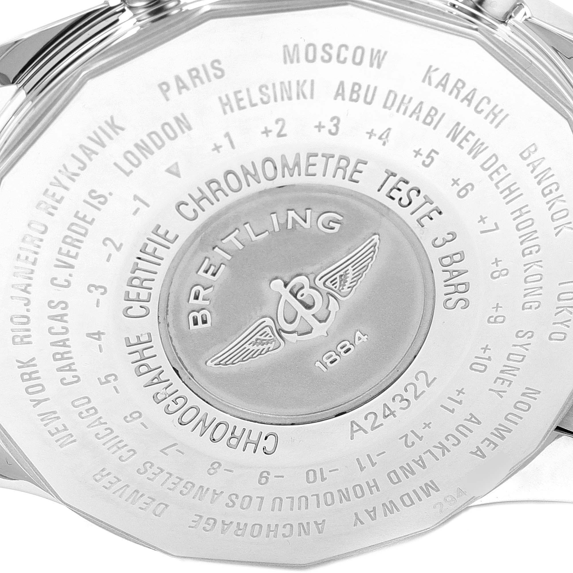 The image shows the case back of a Breitling Navitimer A24322 Men's Stainless Steel Blue Dial A24322 Men's Stainless Steel Blue Dial watch, displaying city names and time zone information.