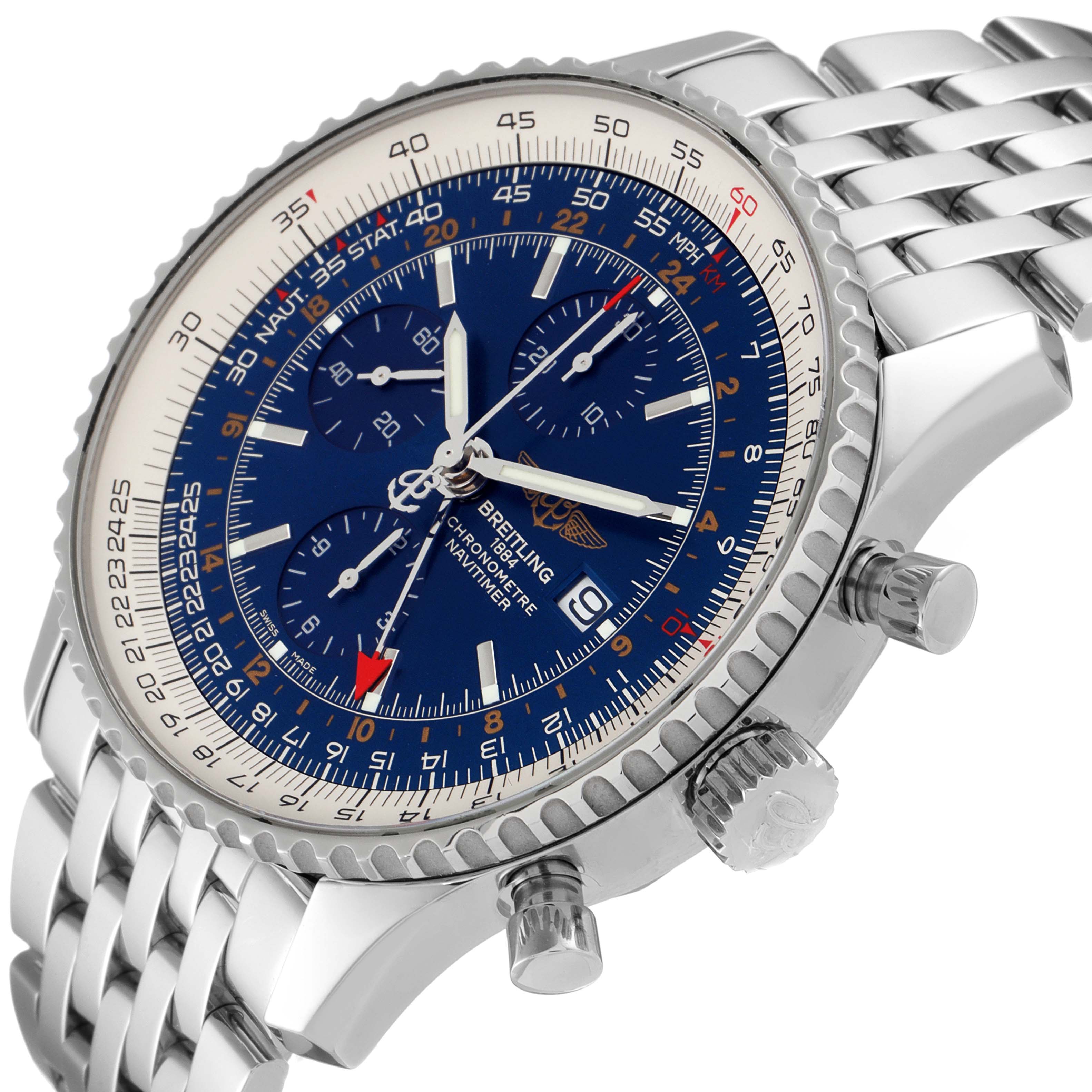 This image shows a close-up angle of a Breitling Navitimer A24322 Men's Stainless Steel Blue Dial A24322 Men's Stainless Steel Blue Dial watch, highlighting the face, bezel, crown, and metallic strap.