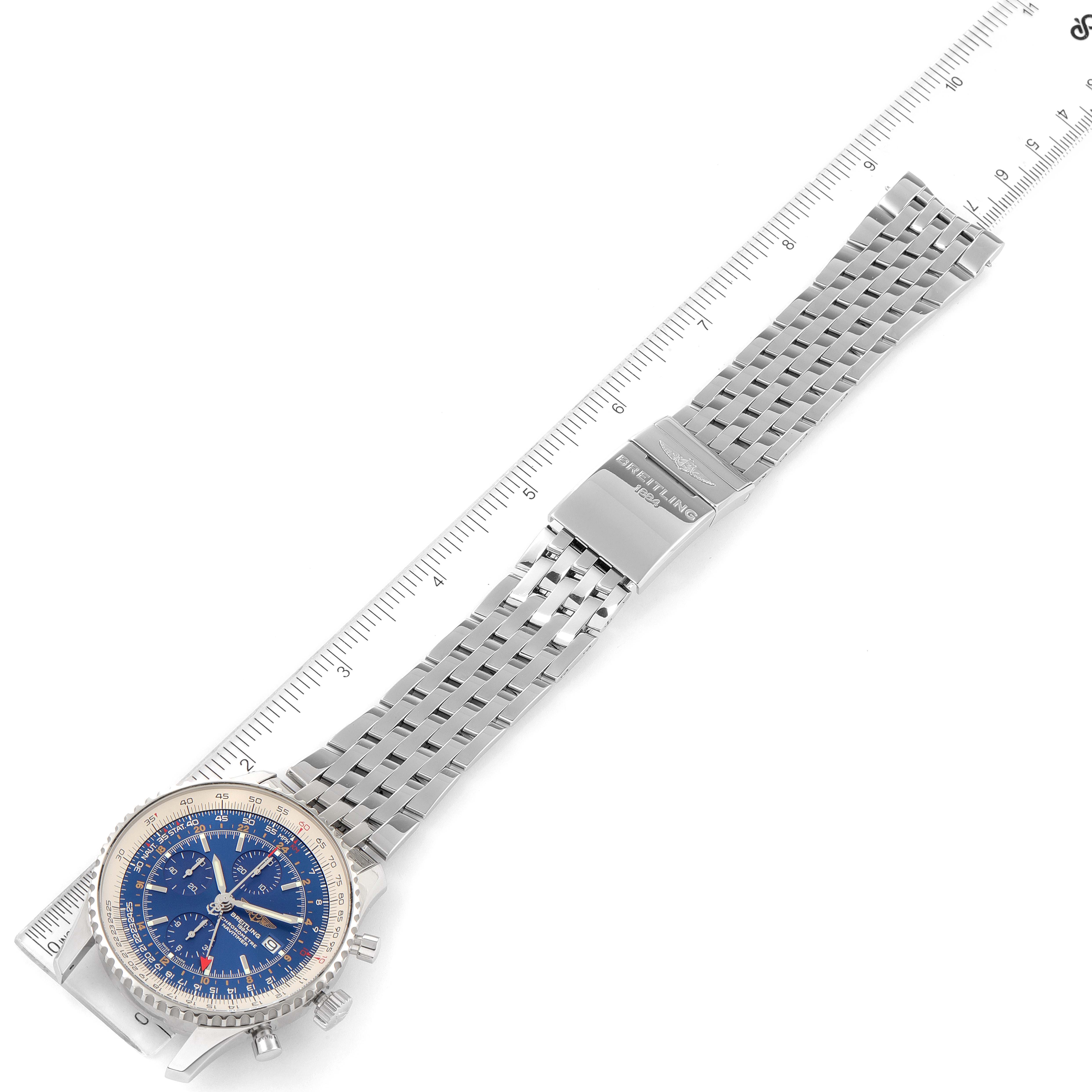 The image shows a top-down view of a Breitling Navitimer A24322 Men's Stainless Steel Blue Dial A24322 Men's Stainless Steel Blue Dial model watch, displaying its face, bezel, and metal bracelet with the brand's clasp.