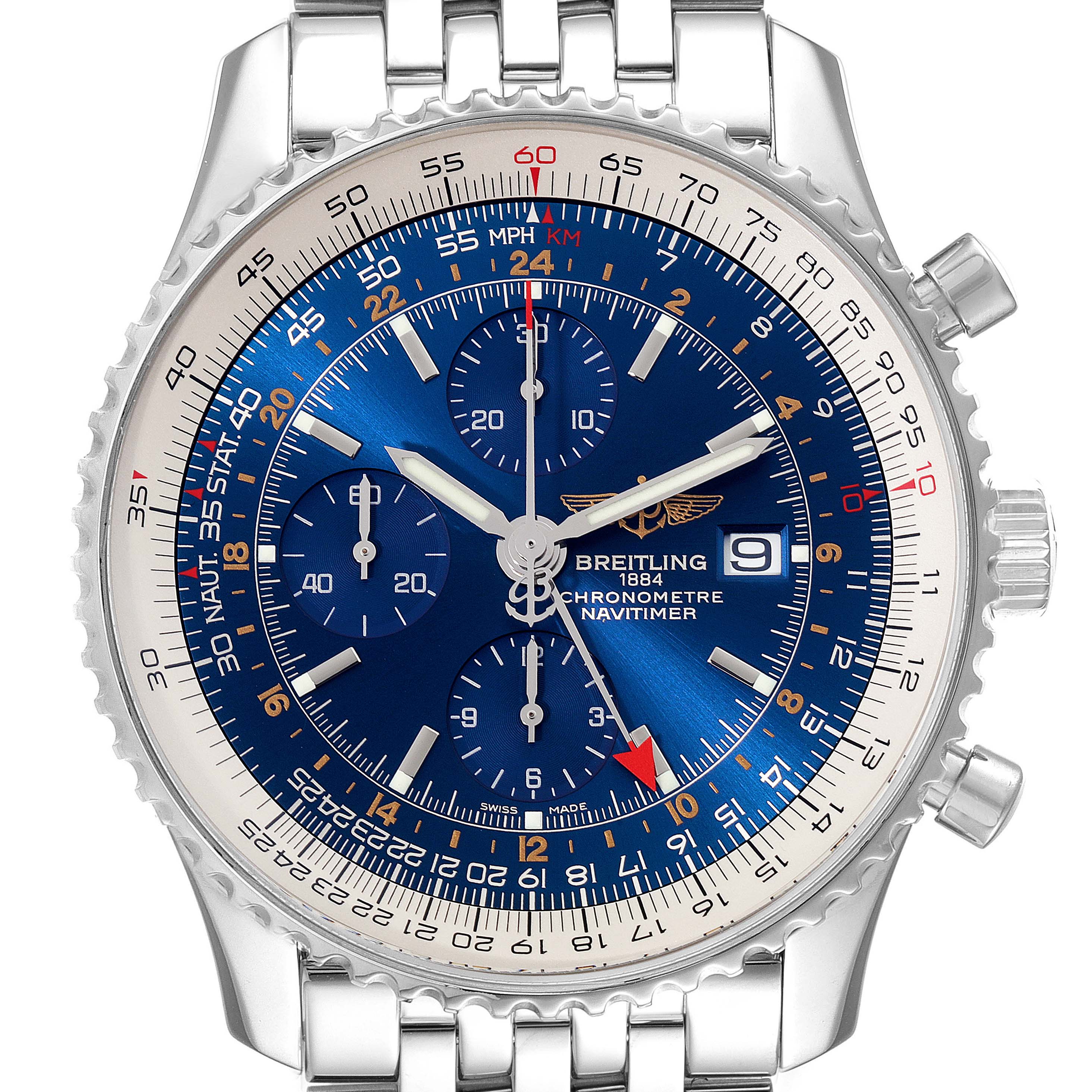 The image shows a close-up of the face of the Breitling Navitimer A24322 Men's Stainless Steel Blue Dial A24322 Men's Stainless Steel Blue Dial watch focusing on the dial and bezel.