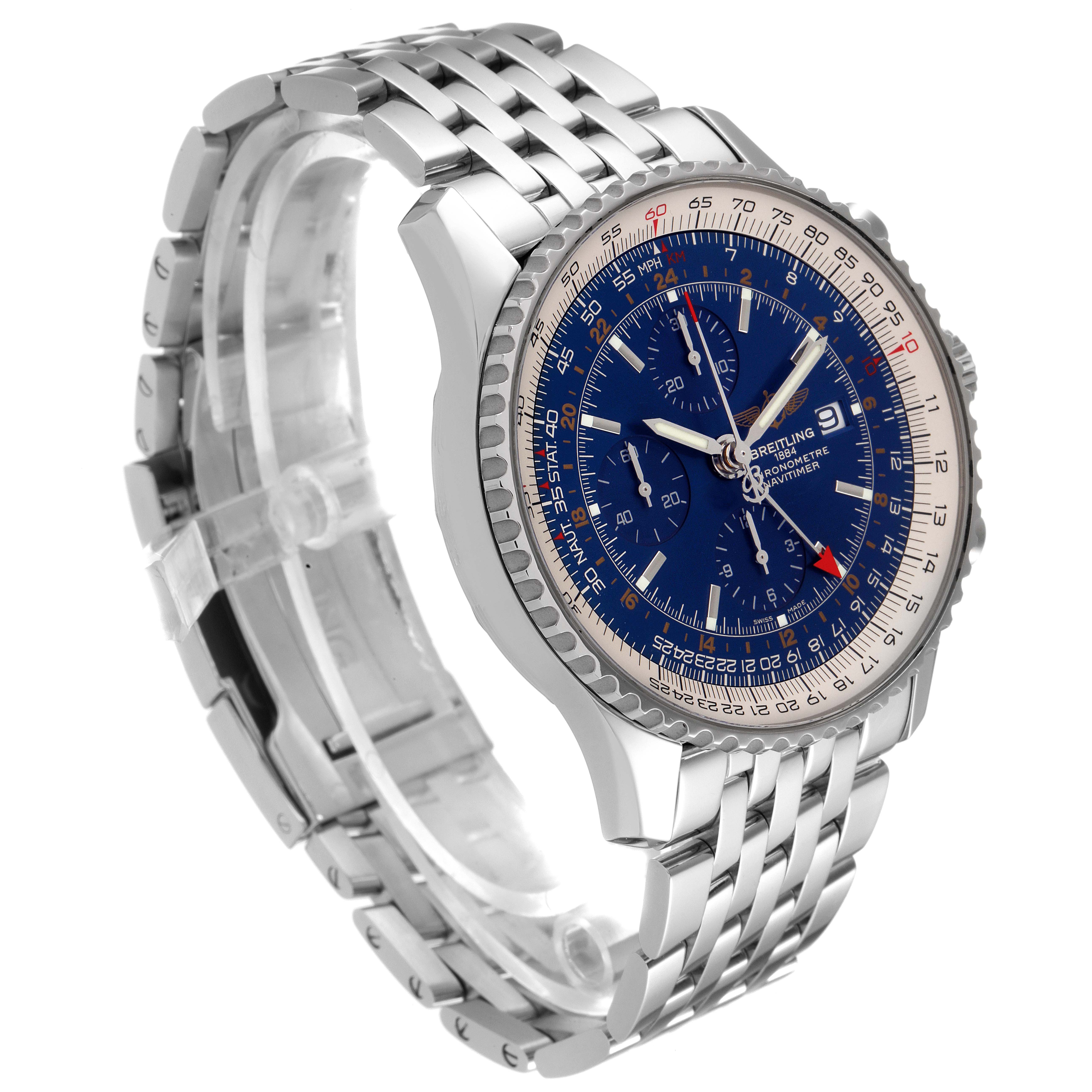 The Breitling Navitimer A24322 Men's Stainless Steel Blue Dial A24322 Men's Stainless Steel Blue Dial watch is shown at an angle that emphasizes the dial, bezel, and stainless steel bracelet.
