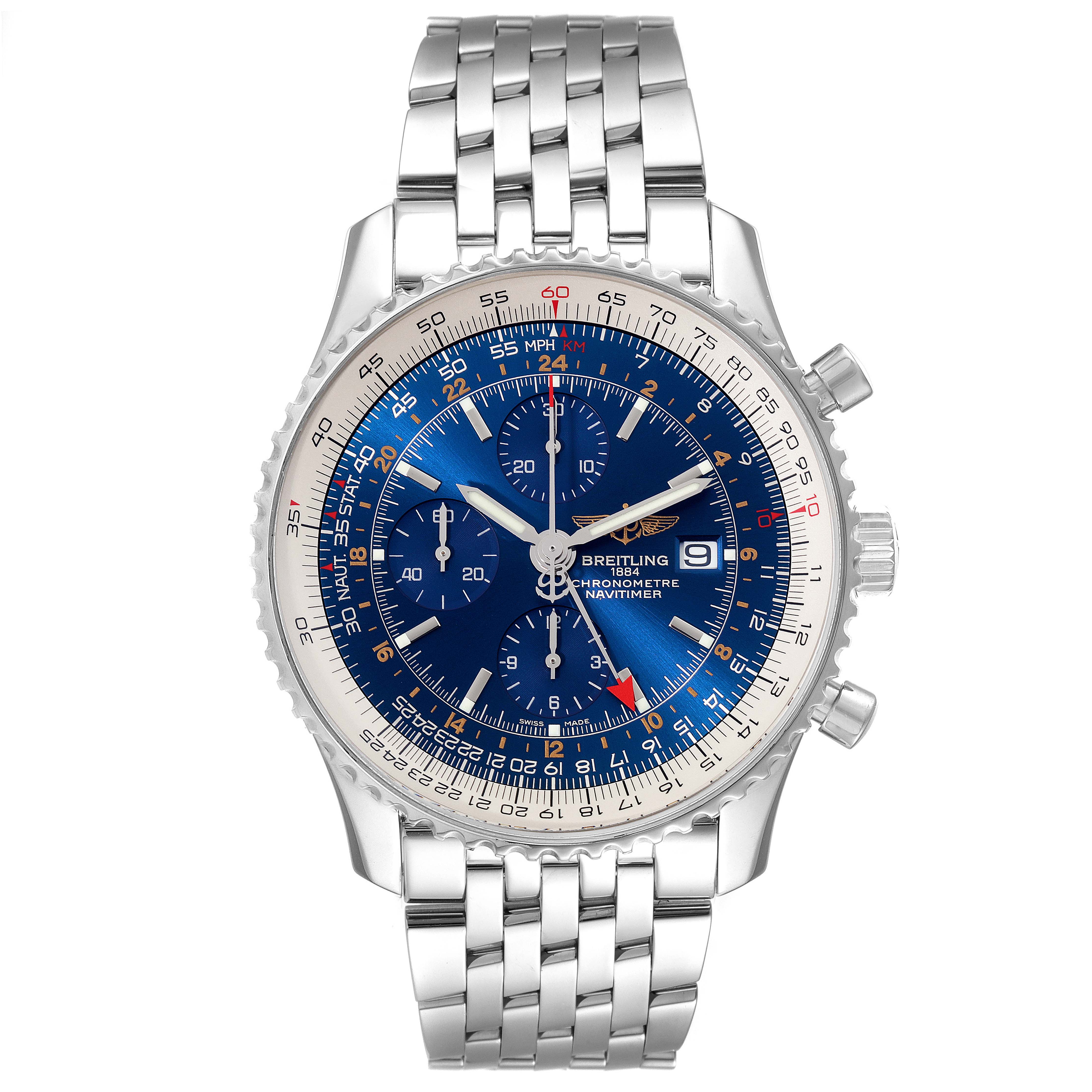 This image shows a front view of a Breitling Navitimer A24322 Men's Stainless Steel Blue Dial A24322 Men's Stainless Steel Blue Dial watch, highlighting its blue dial and silver bracelet.