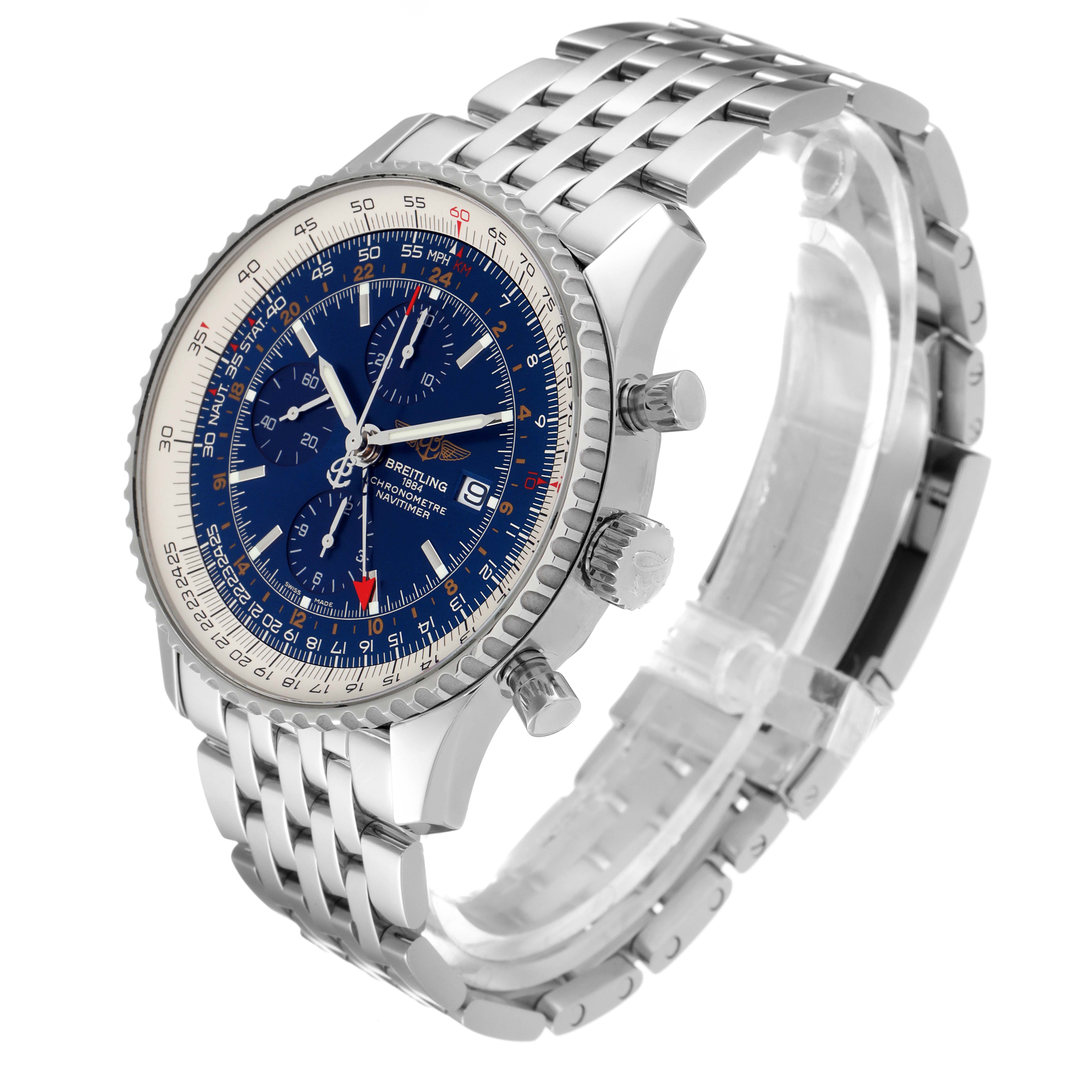 The image shows a Breitling Navitimer A24322 Men's Stainless Steel Blue Dial A24322 Men's Stainless Steel Blue Dial watch at a three-quarter angle, displaying its blue dial, bezel, and metal bracelet.