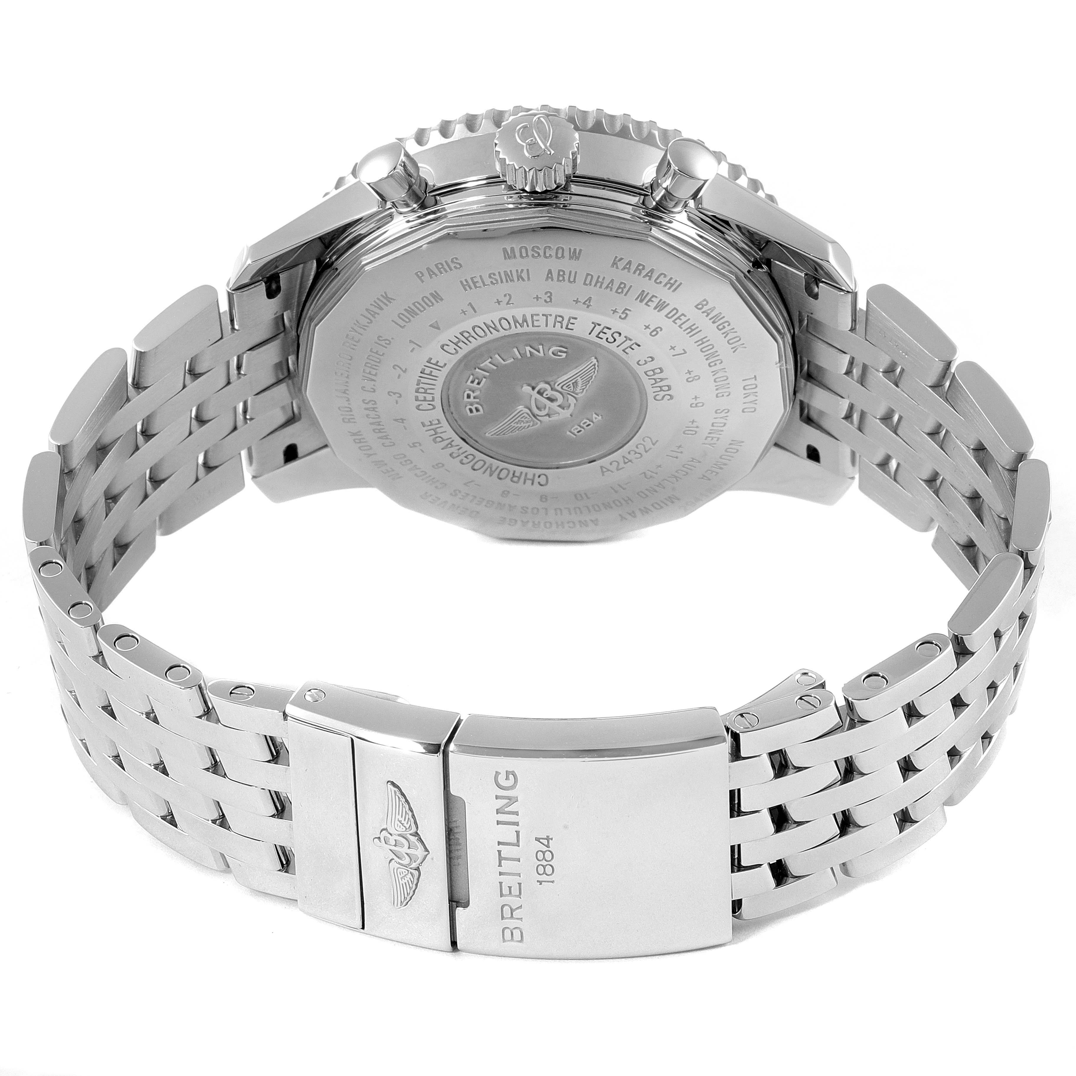 This image shows the back case and bracelet of a Breitling Navitimer A24322 Men's Stainless Steel Blue Dial A24322 Men's Stainless Steel Blue Dial watch, focusing on the engraved case back and clasp.