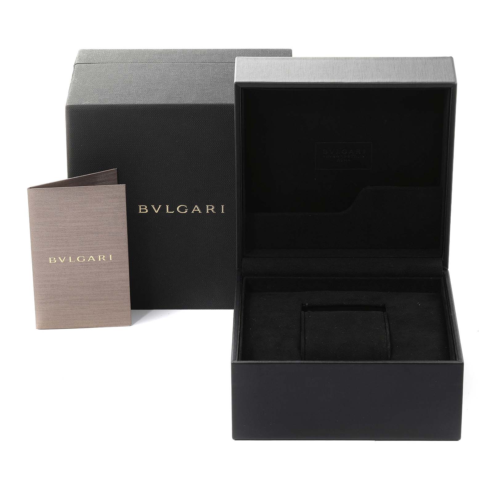 The Bvlgari Octo 102713 Men's Titanium Grey Dial 102713 Men's Titanium Grey Dial watch box is open, showing its interior foam padding, with the outer box and a booklet beside it.