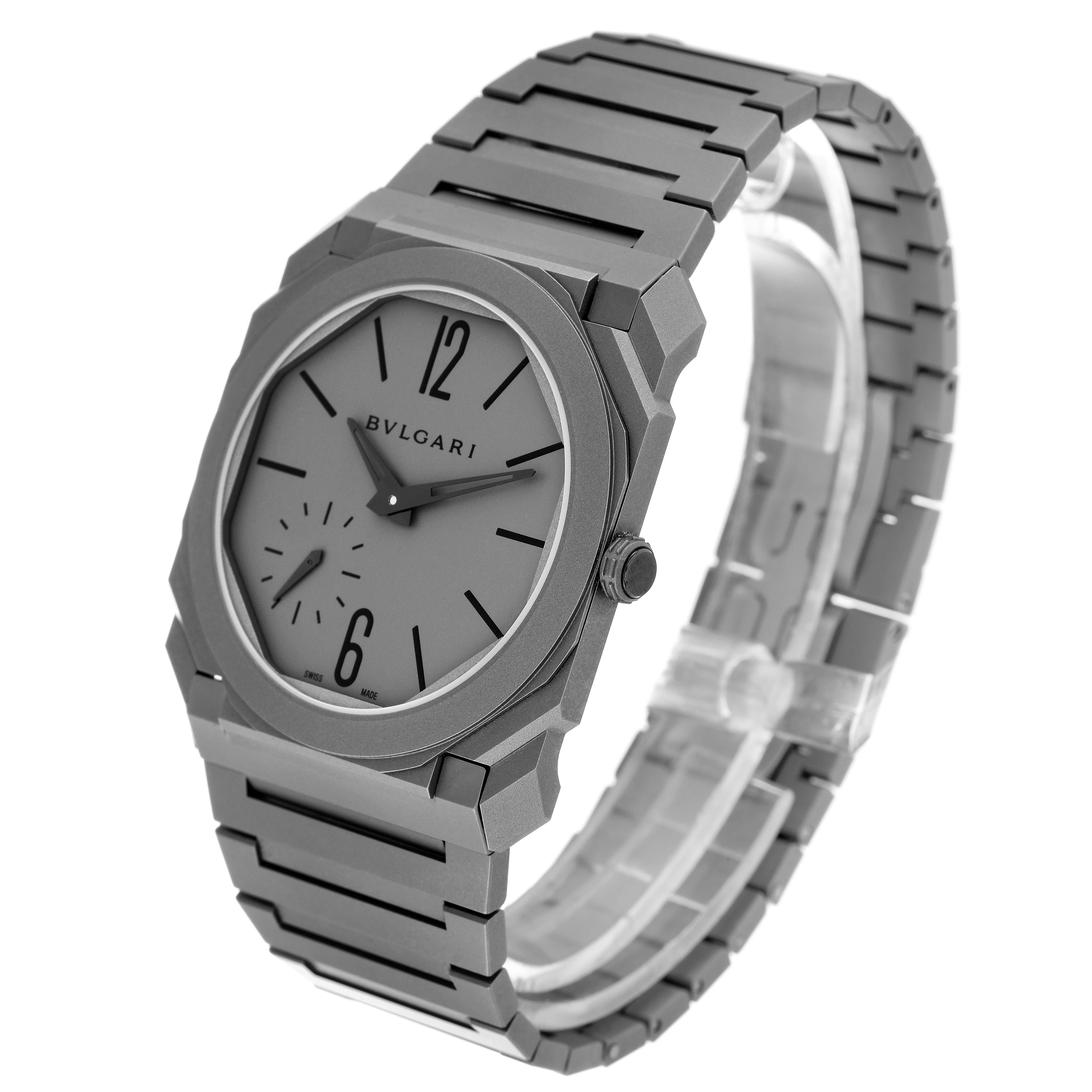 The image shows a side angle view of the Bvlgari Octo 102713 Men's Titanium Grey Dial 102713 Men's Titanium Grey Dial model watch, highlighting the face, case, and metal bracelet.