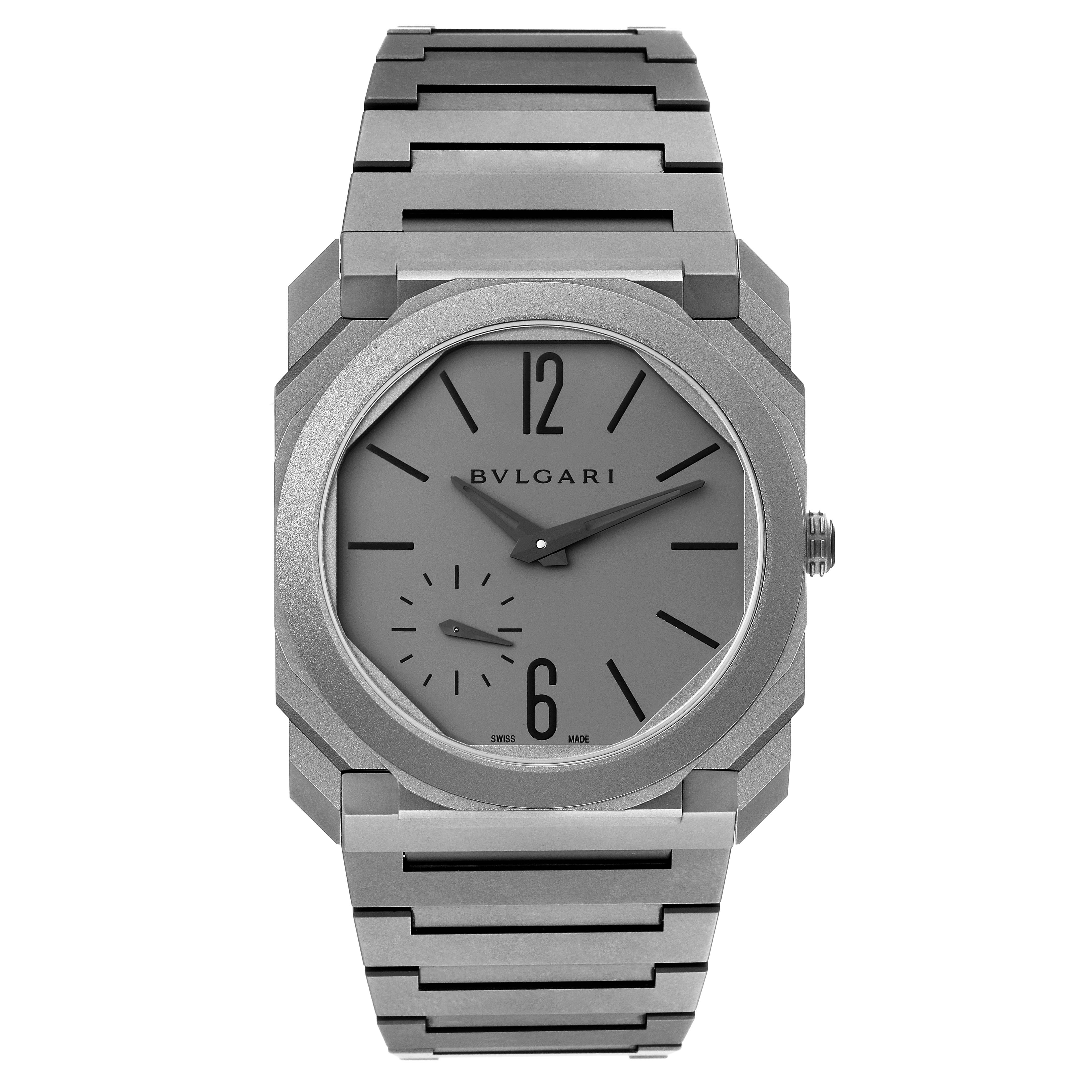 The image shows a front view of the Bvlgari Octo 102713 Men's Titanium Grey Dial 102713 Men's Titanium Grey Dial watch, displaying the dial, hands, case, and bracelet.