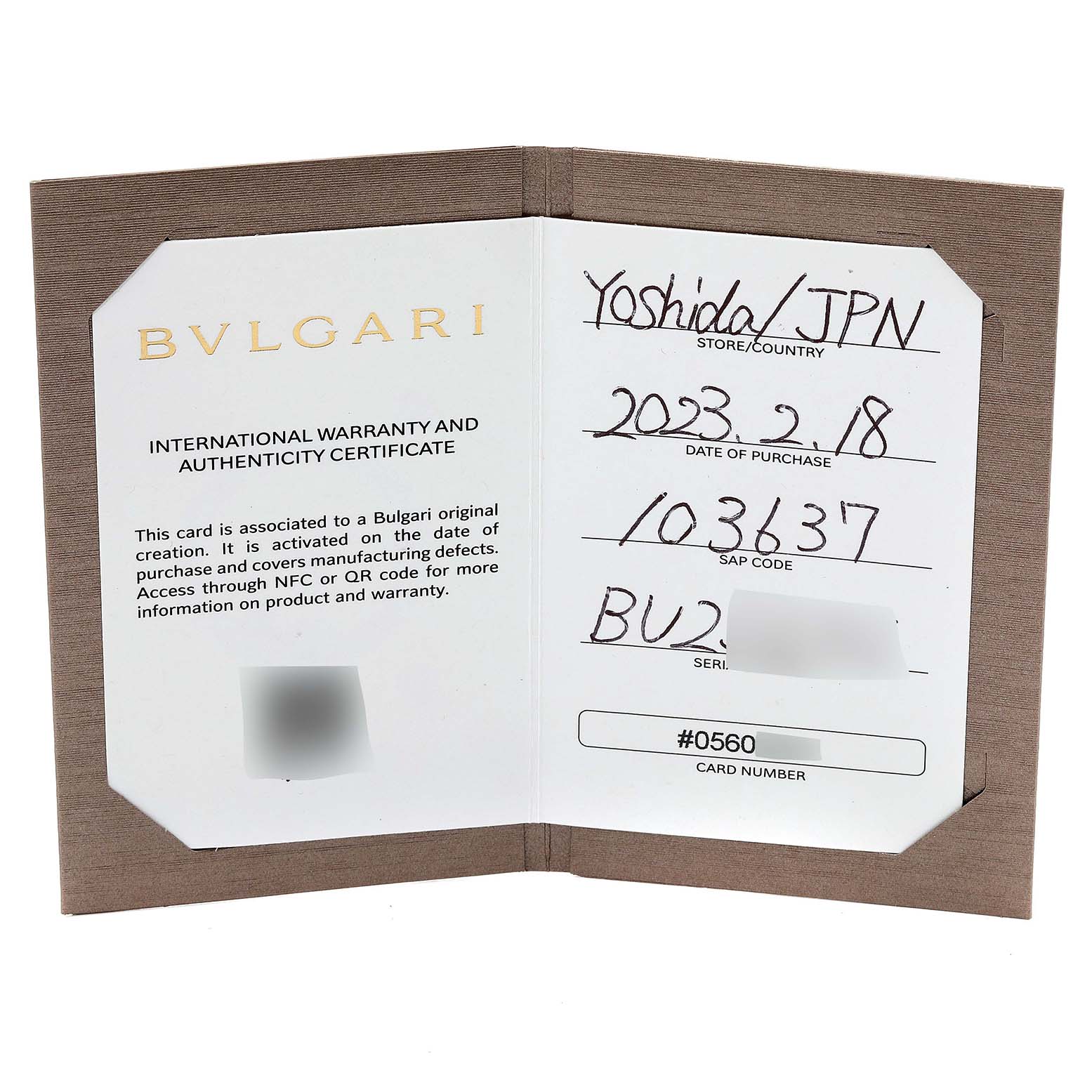 The image shows an open international warranty and authenticity certificate for the Bvlgari Octo 103637 Men's Rose Gold Brown Dial 103637 Men's Rose Gold Brown Dial watch model.