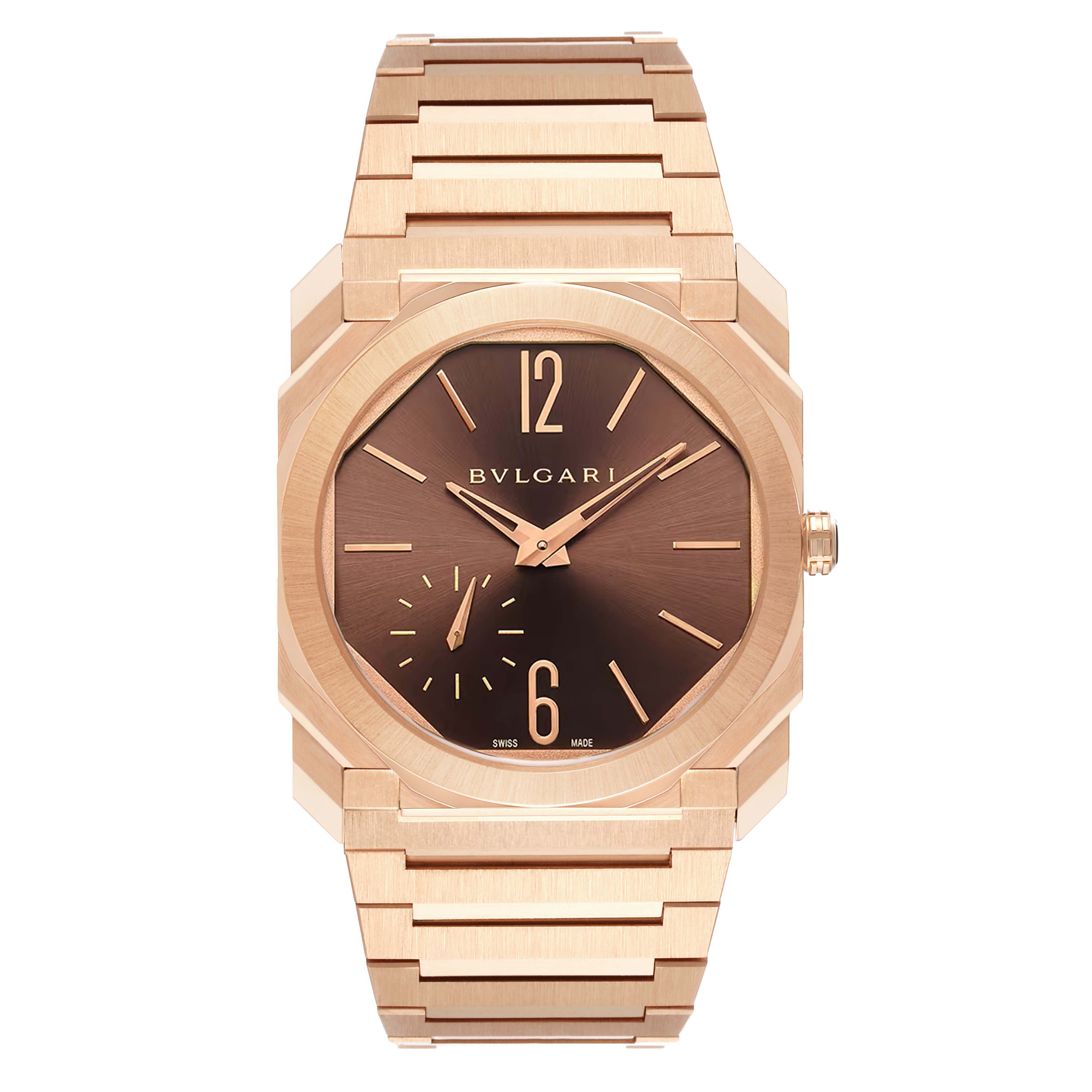 The image shows a front view of a Bvlgari Octo 103637 Men's Rose Gold Brown Dial 103637 Men's Rose Gold Brown Dial watch with a brown dial and gold bracelet.