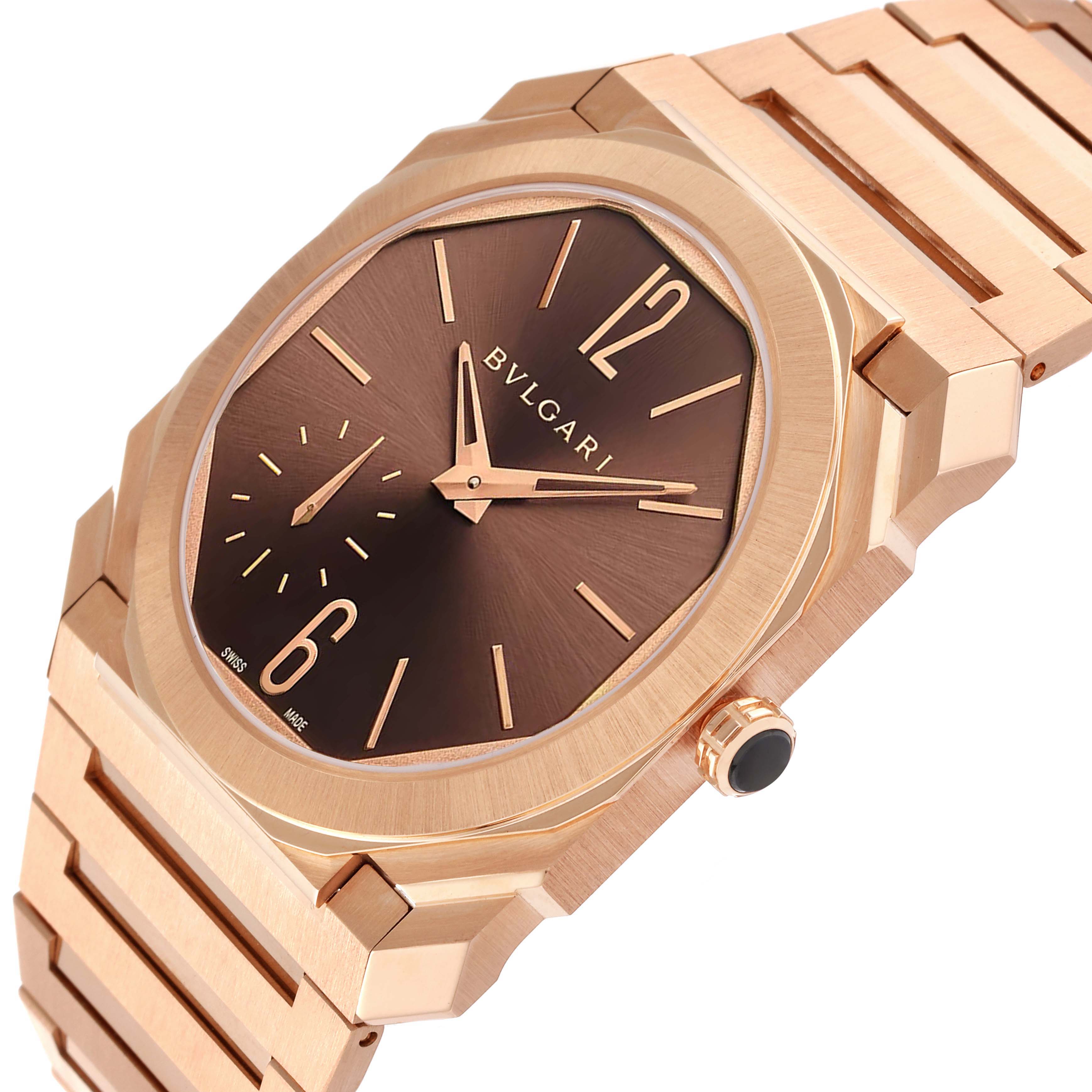 This image shows a close-up angle of a Bvlgari Octo 103637 Men's Rose Gold Brown Dial 103637 Men's Rose Gold Brown Dial model watch, highlighting its dial, case, and bracelet.