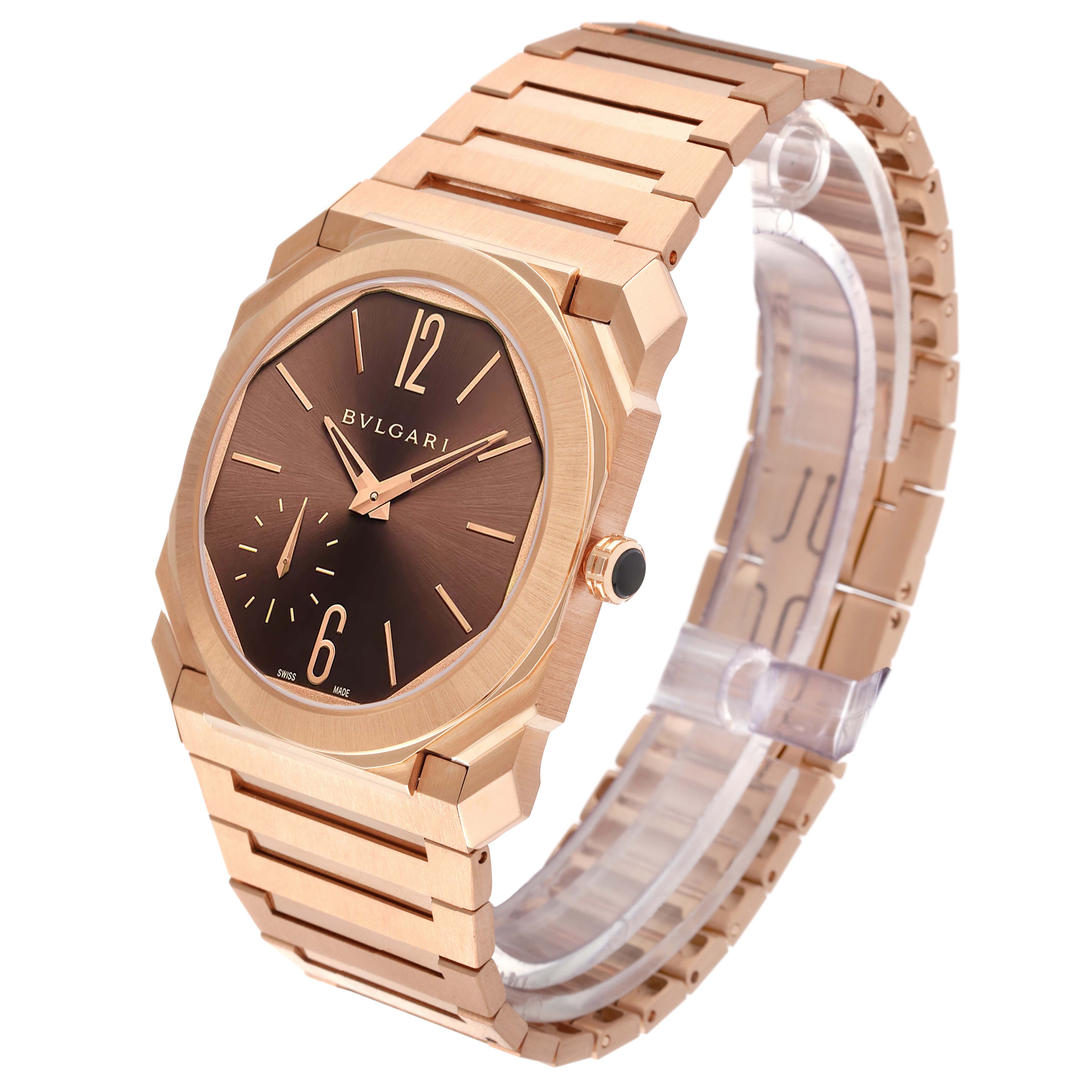 The image shows a Bvlgari Octo 103637 Men's Rose Gold Brown Dial 103637 Men's Rose Gold Brown Dial watch from a left-side angle, highlighting the face, bezel, crown, and bracelet.