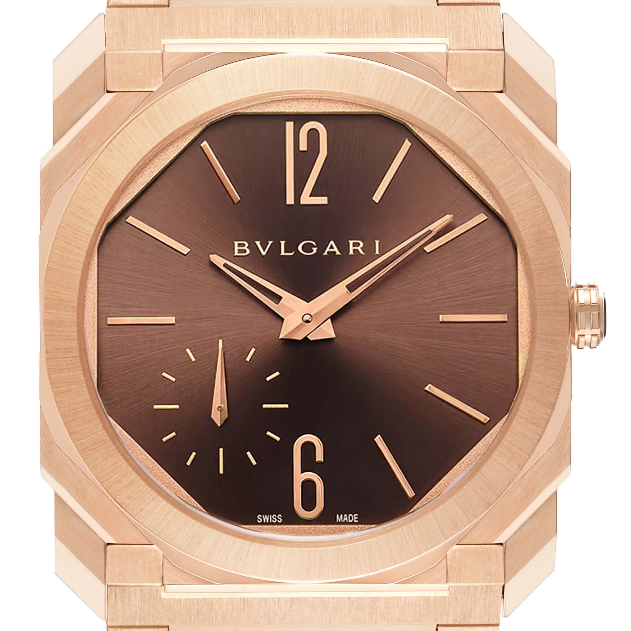 The image shows a clear front view of the Bvlgari Octo 103637 Men's Rose Gold Brown Dial 103637 Men's Rose Gold Brown Dial watch, highlighting its face, case, and part of its strap.