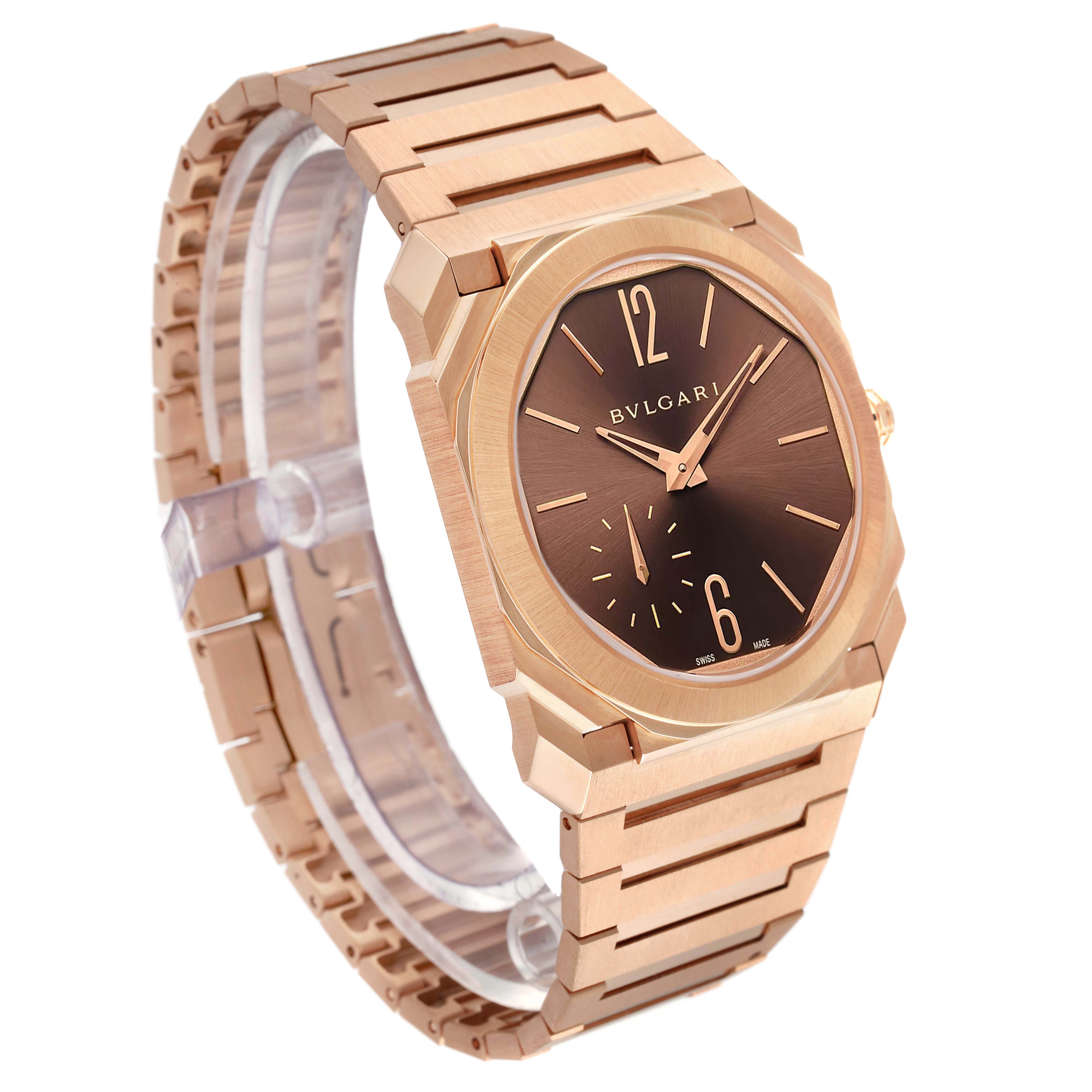 The image shows the Bvlgari Octo 103637 Men's Rose Gold Brown Dial 103637 Men's Rose Gold Brown Dial watch from a front-side angle, highlighting the face, bezel, and bracelet prominently.
