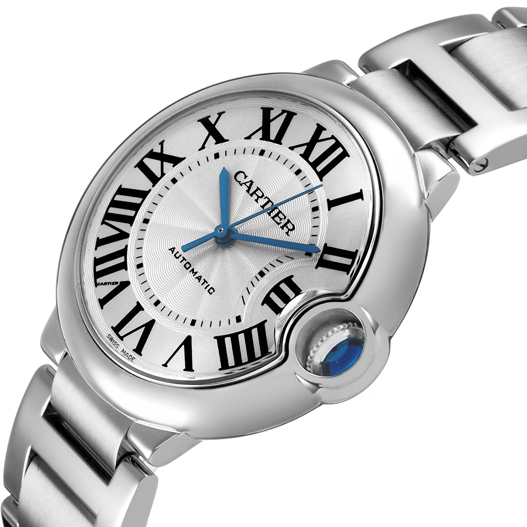 The Cartier Ballon Bleu W6920046 Women's Stainless Steel Silver Dial watch is shown at an angled view, highlighting its dial, Roman numerals, and the distinctive crown.