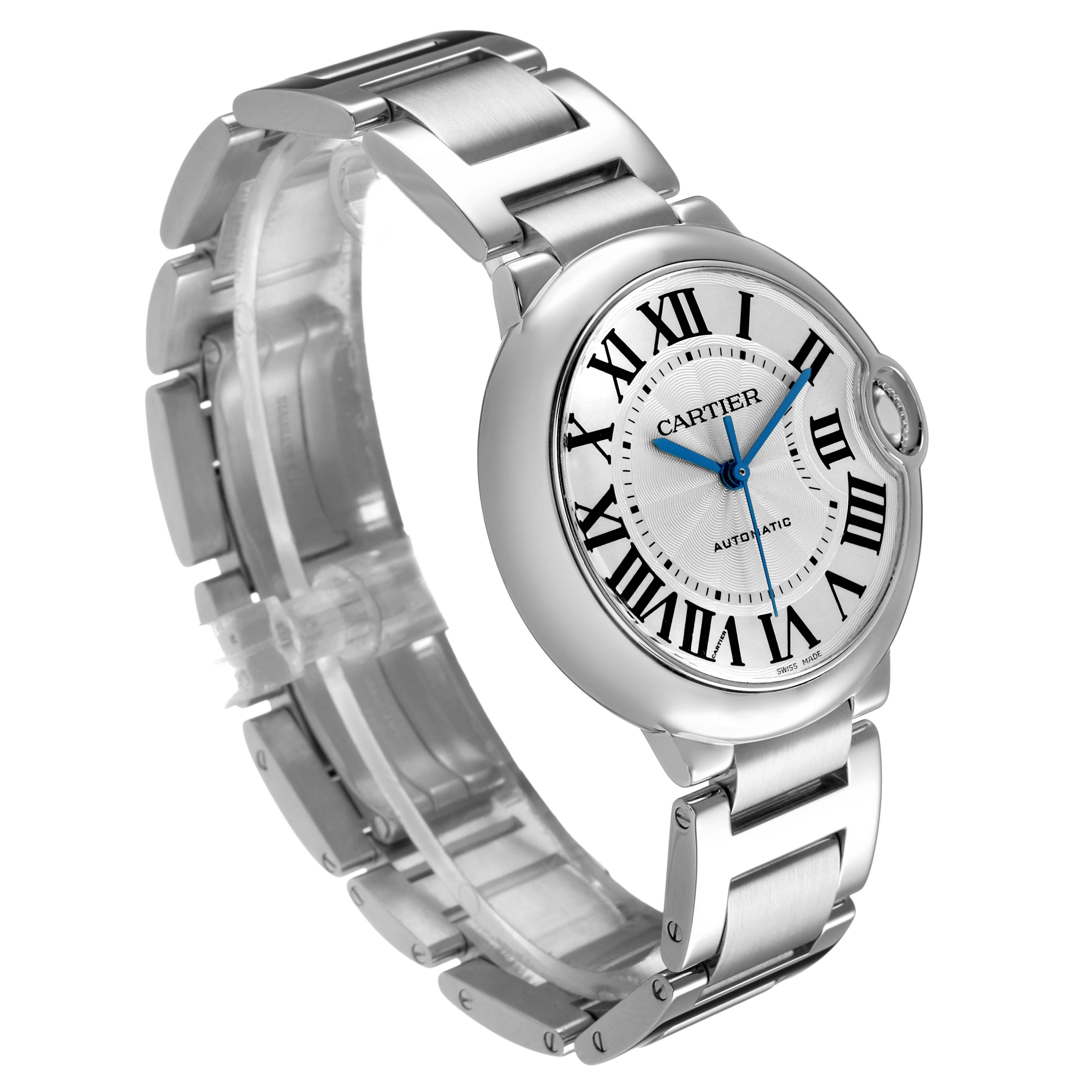 The Cartier Ballon Bleu W6920046 Women's Stainless Steel Silver Dial watch is shown at a three-quarter angle, highlighting the face, bezel, and metal bracelet.