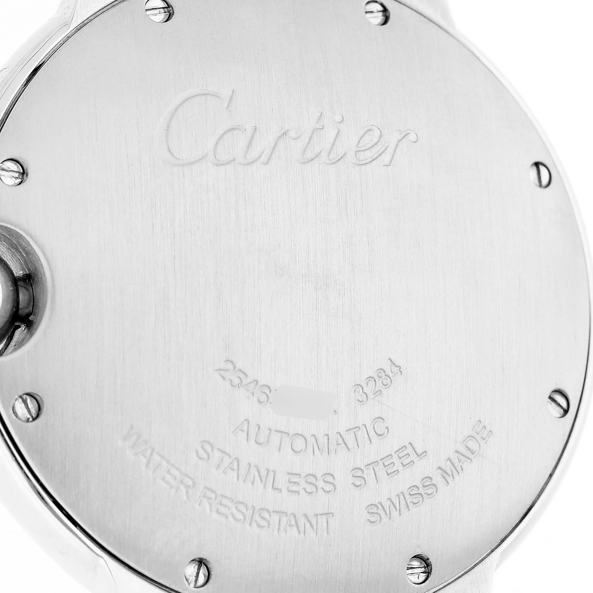 The image shows the back of a Ballon Bleu de Cartier watch, highlighting its branding and material details.