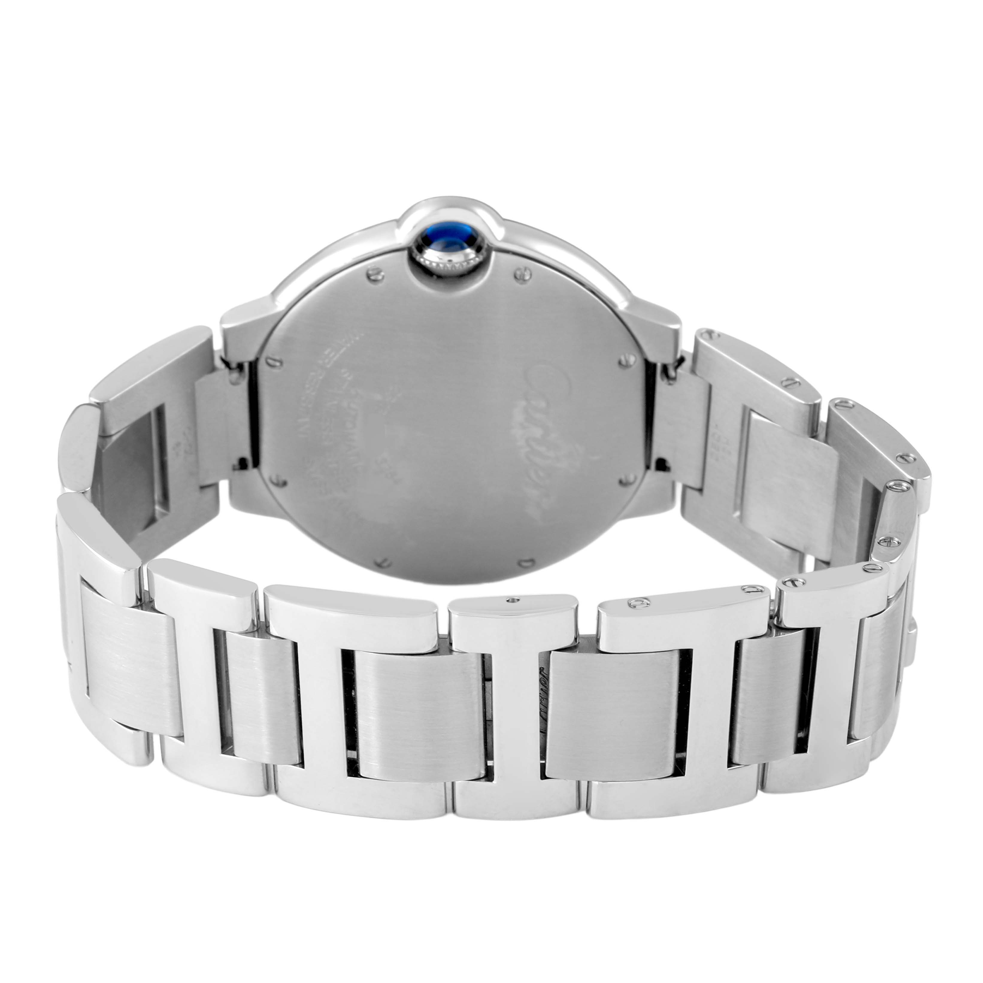 The image shows the back of a Cartier Ballon Bleu W6920046 Women's Stainless Steel Silver Dial watch, highlighting its bracelet and the caseback.