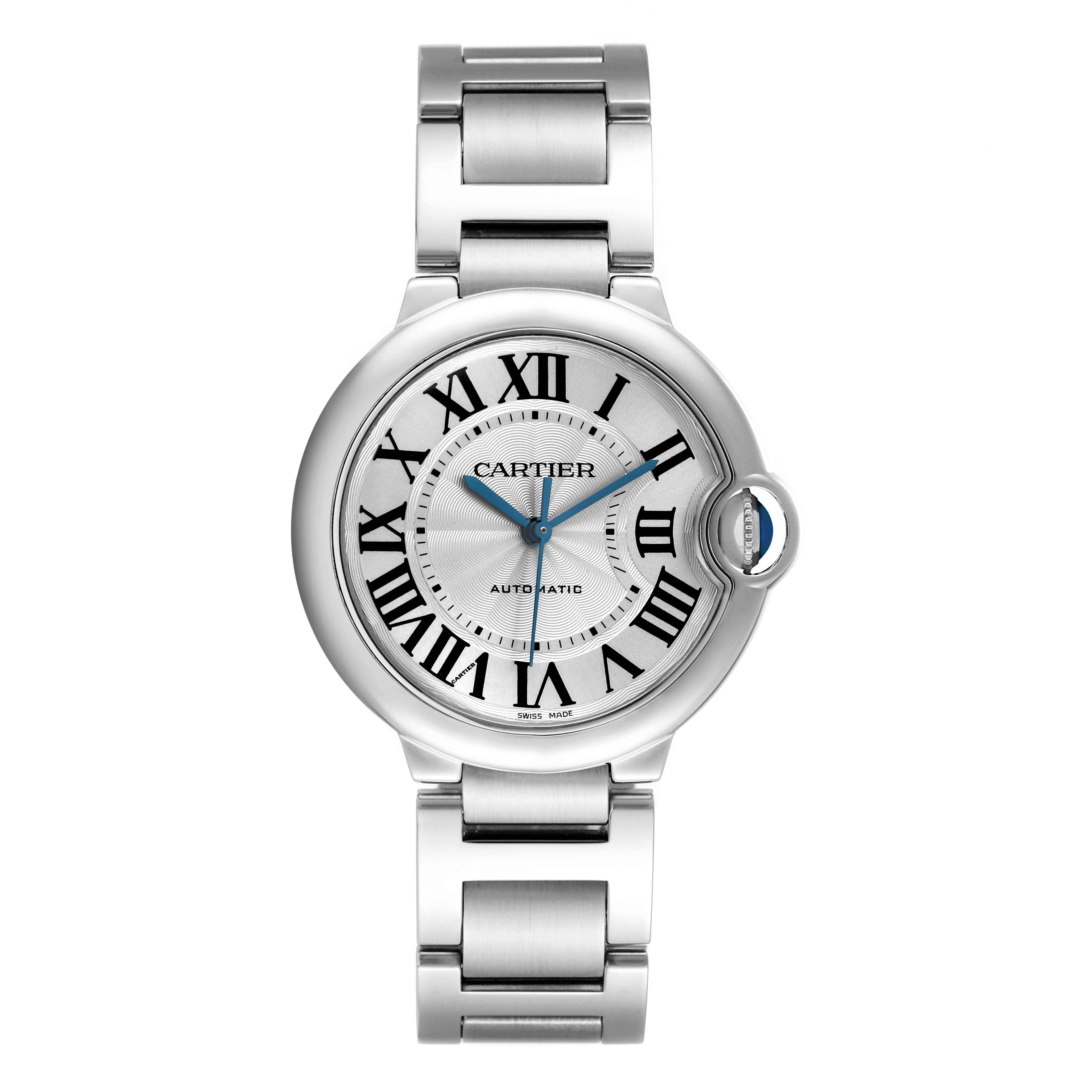The Cartier Ballon Bleu W6920046 Women's Stainless Steel Silver Dial watch is shown from the front, highlighting the face, bracelet, and crown.