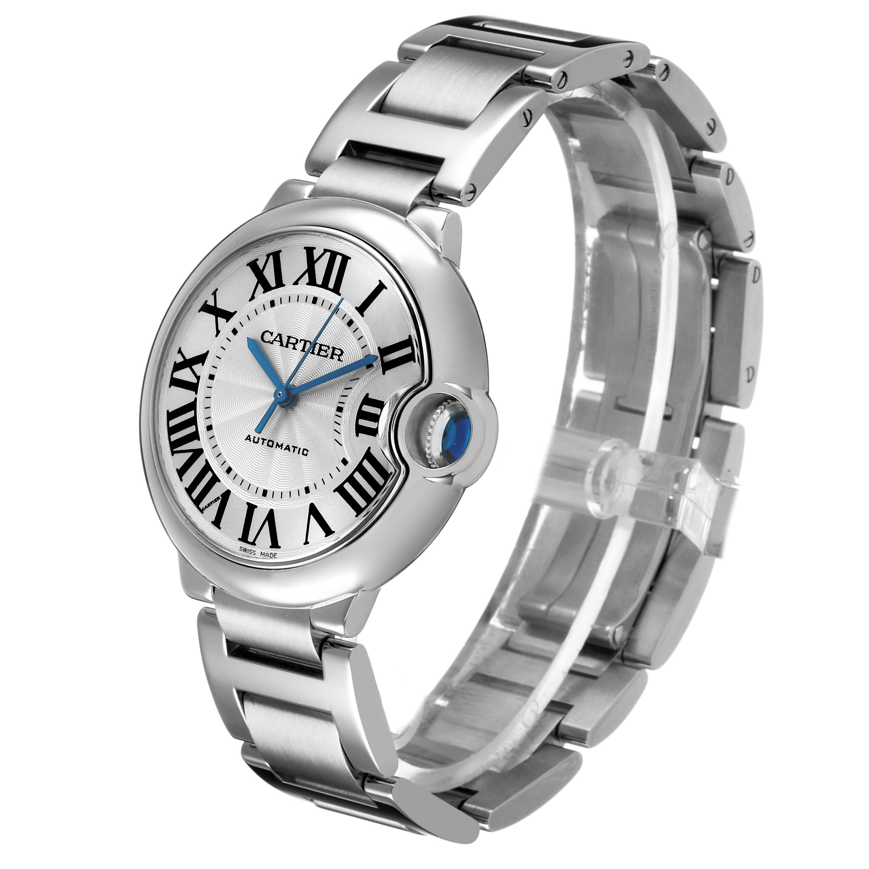 The Cartier Ballon Bleu W6920046 Women's Stainless Steel Silver Dial watch is shown at a slight angle, highlighting the dial, bezel, bracelet, and crown.