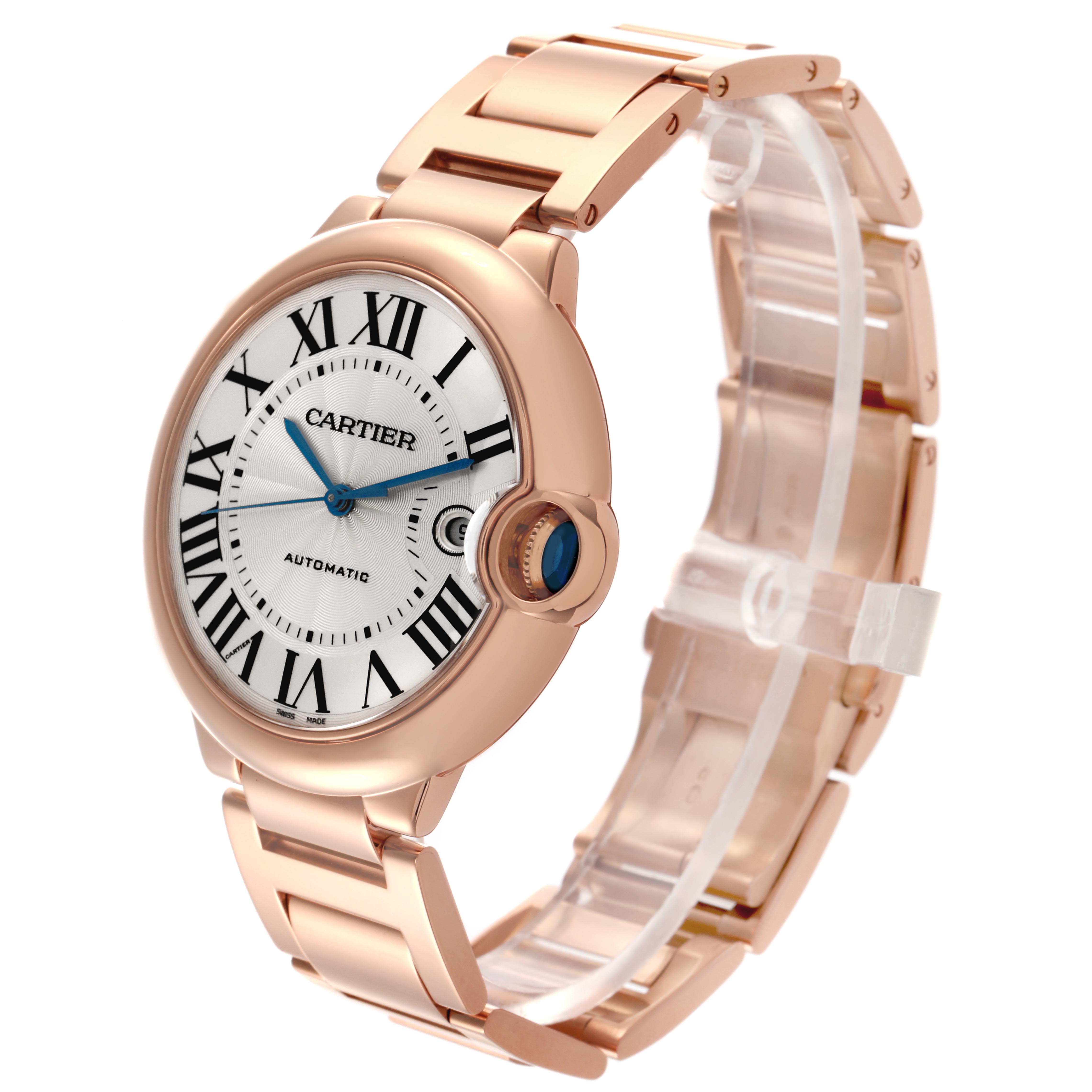 The Ballon Bleu de Cartier watch is shown at a three-quarter angle, highlighting the face, case, bracelet, and crown.