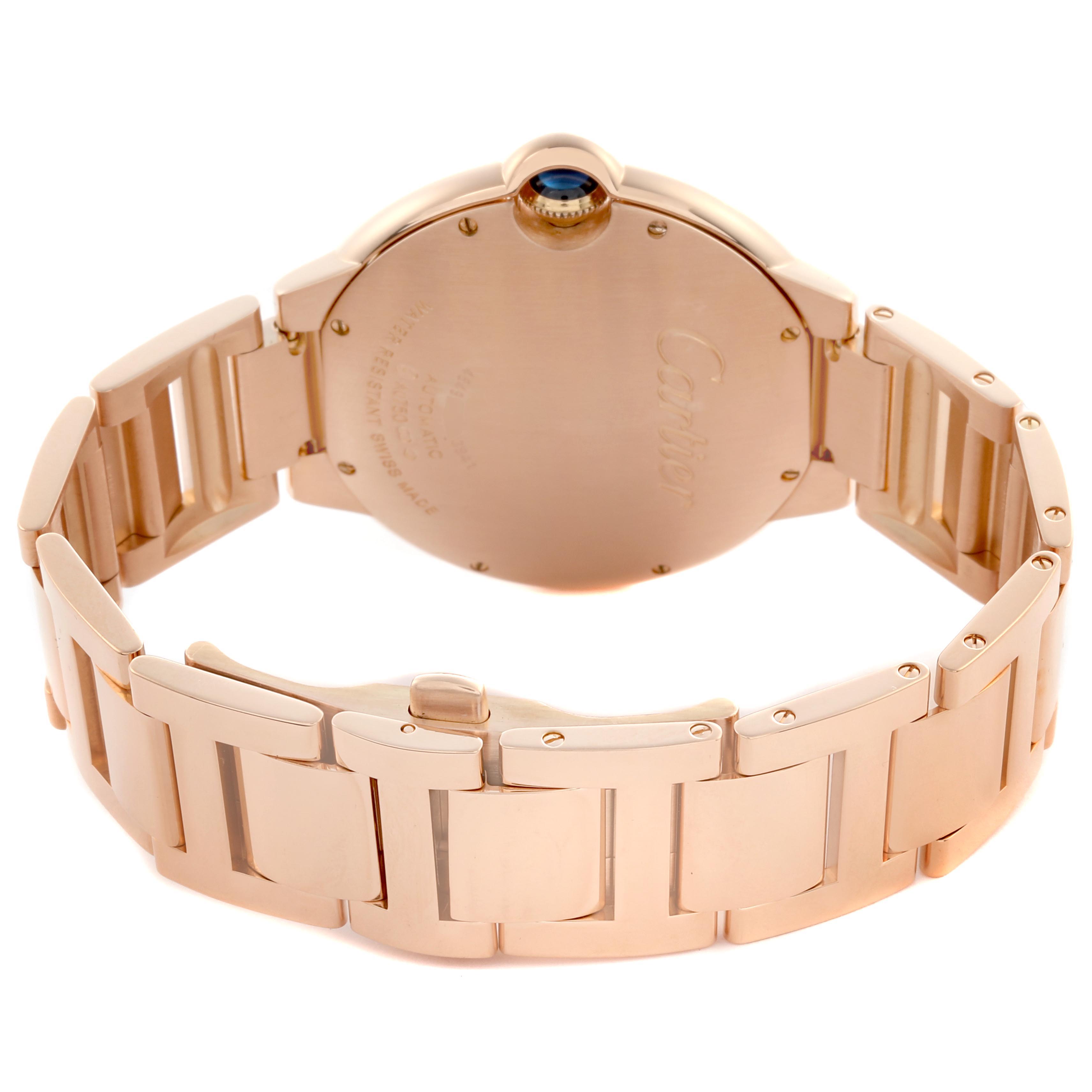 The Cartier Ballon Bleu WGBB0016 Men's Rose Gold Silver Dial WGBB0016 Men's Rose Gold Silver Dial watch is shown from the back, highlighting the case back and bracelet links.