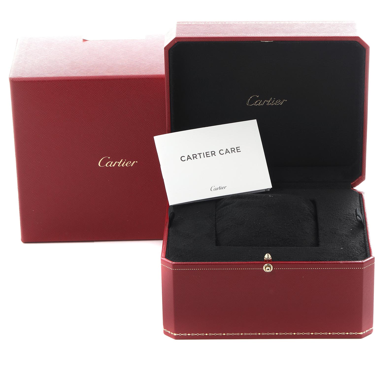 The image shows an open red Cartier box for the Ballon Bleu model with a "Cartier Care" card inside.