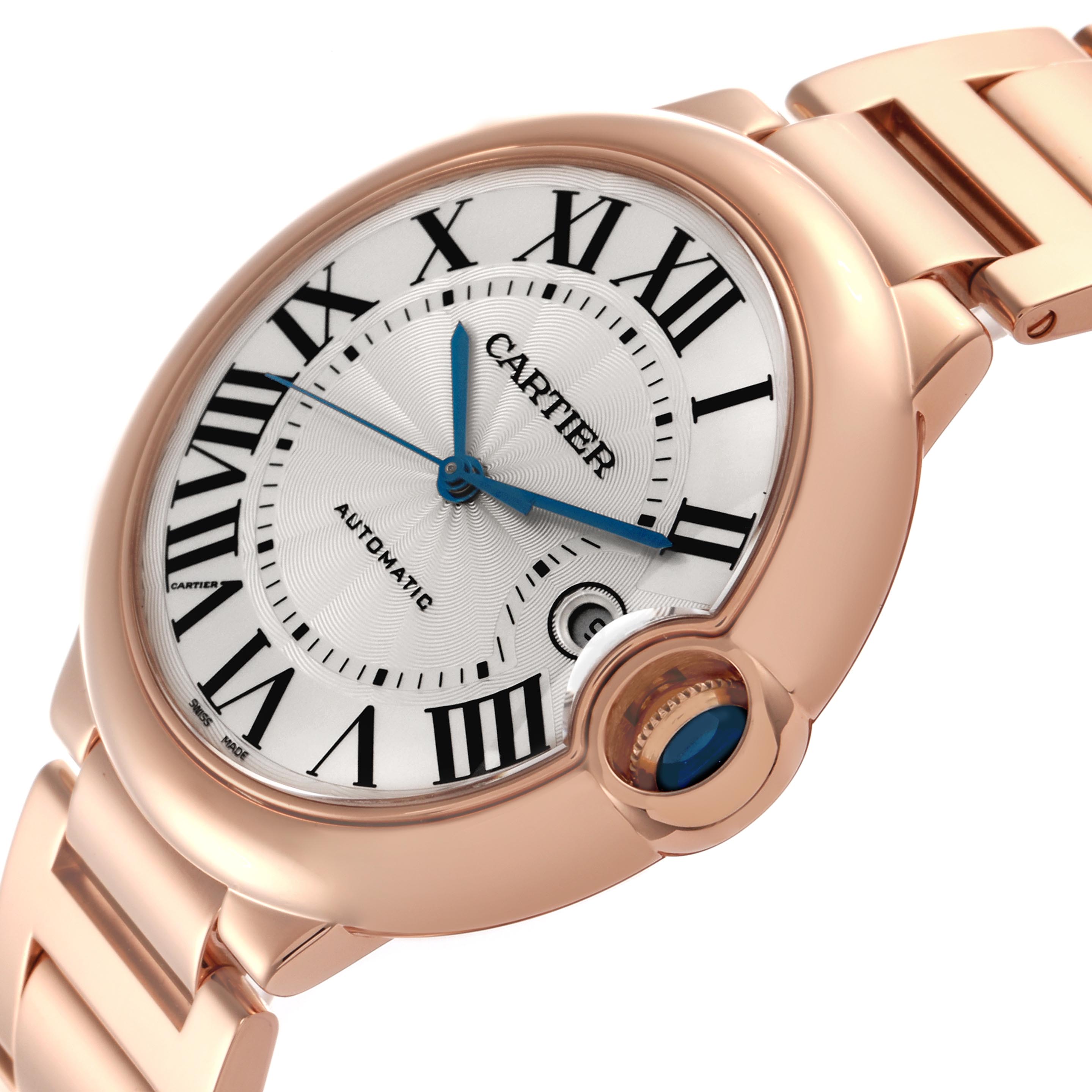 The Cartier Ballon Bleu WGBB0016 Men's Rose Gold Silver Dial WGBB0016 Men's Rose Gold Silver Dial watch is shown at a slight angle, highlighting the face, Roman numerals, and crown with a blue cabochon.