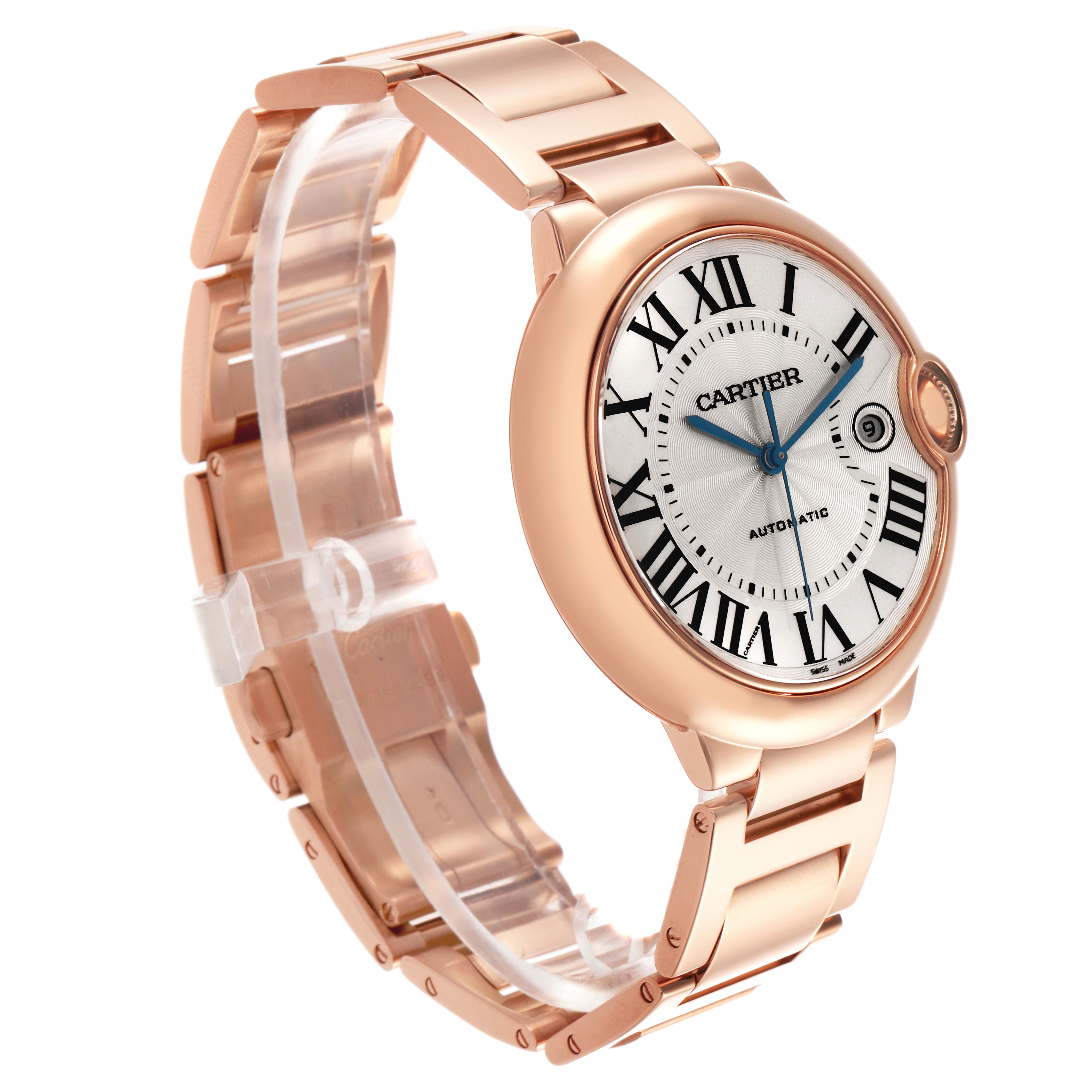 The Cartier Ballon Bleu WGBB0016 Men's Rose Gold Silver Dial WGBB0016 Men's Rose Gold Silver Dial watch is shown at a three-quarter angle, highlighting the face, crown, and bracelet.