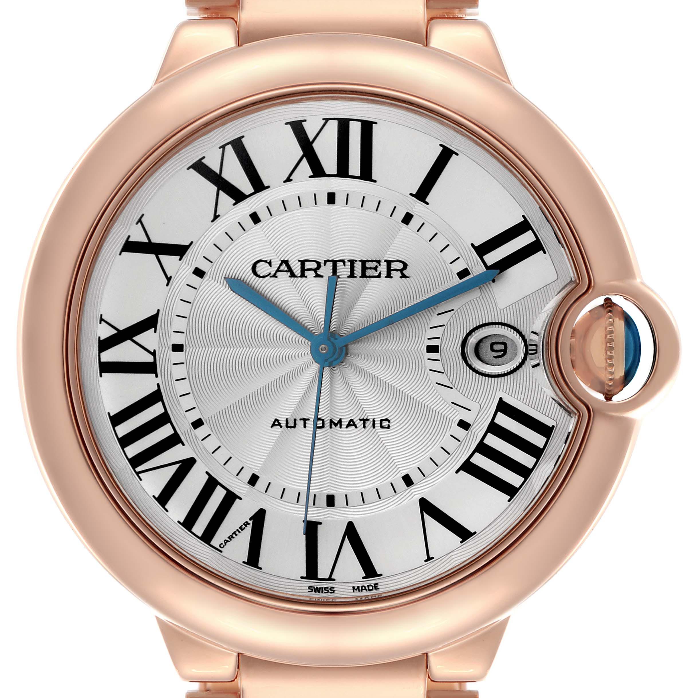 The Cartier Ballon Bleu WGBB0016 Men's Rose Gold Silver Dial WGBB0016 Men's Rose Gold Silver Dial watch is shown from a top-down angle, highlighting the dial, Roman numerals, and date window.