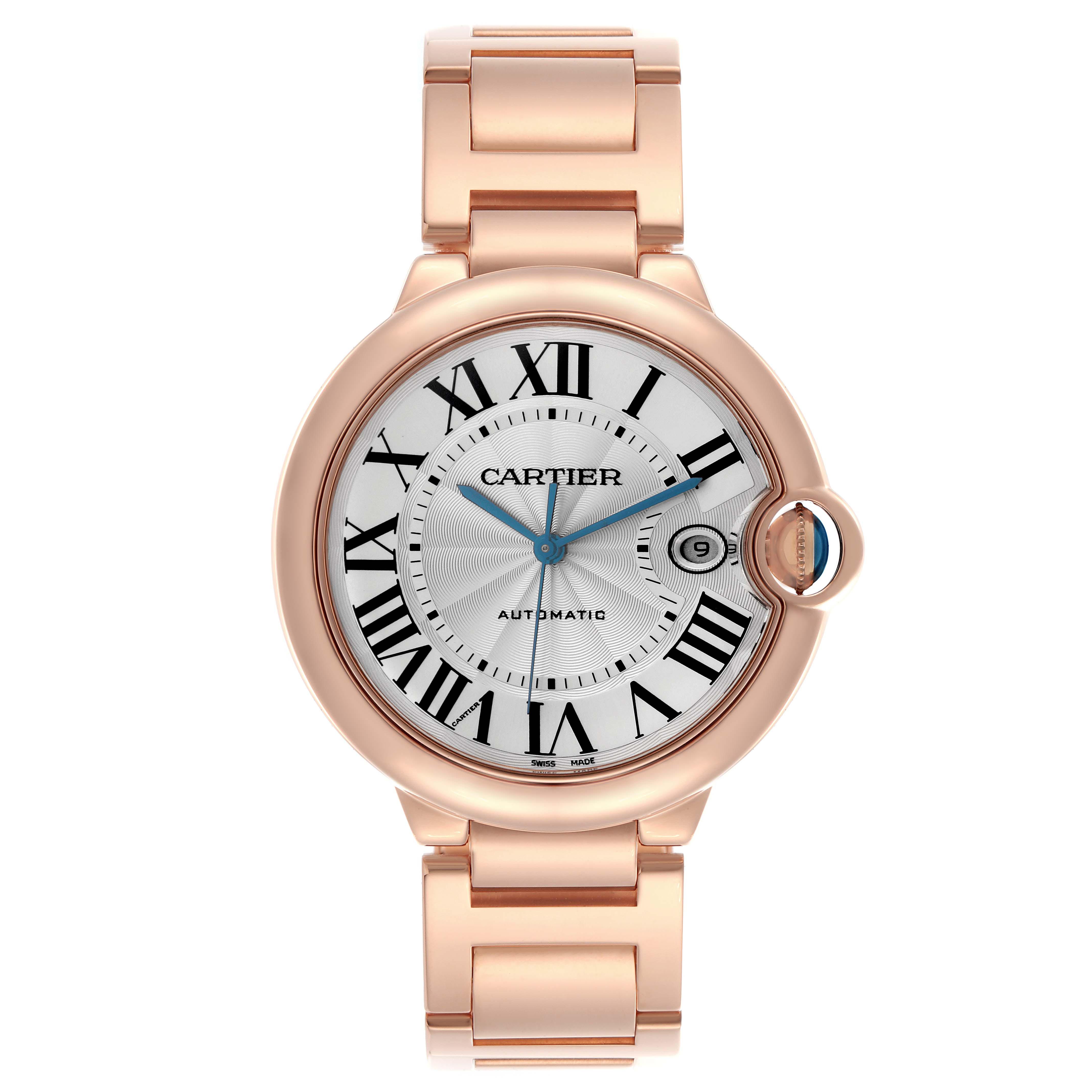 The Cartier Ballon Bleu WGBB0016 Men's Rose Gold Silver Dial WGBB0016 Men's Rose Gold Silver Dial watch is shown from the front, displaying the face, bracelet, and crown.