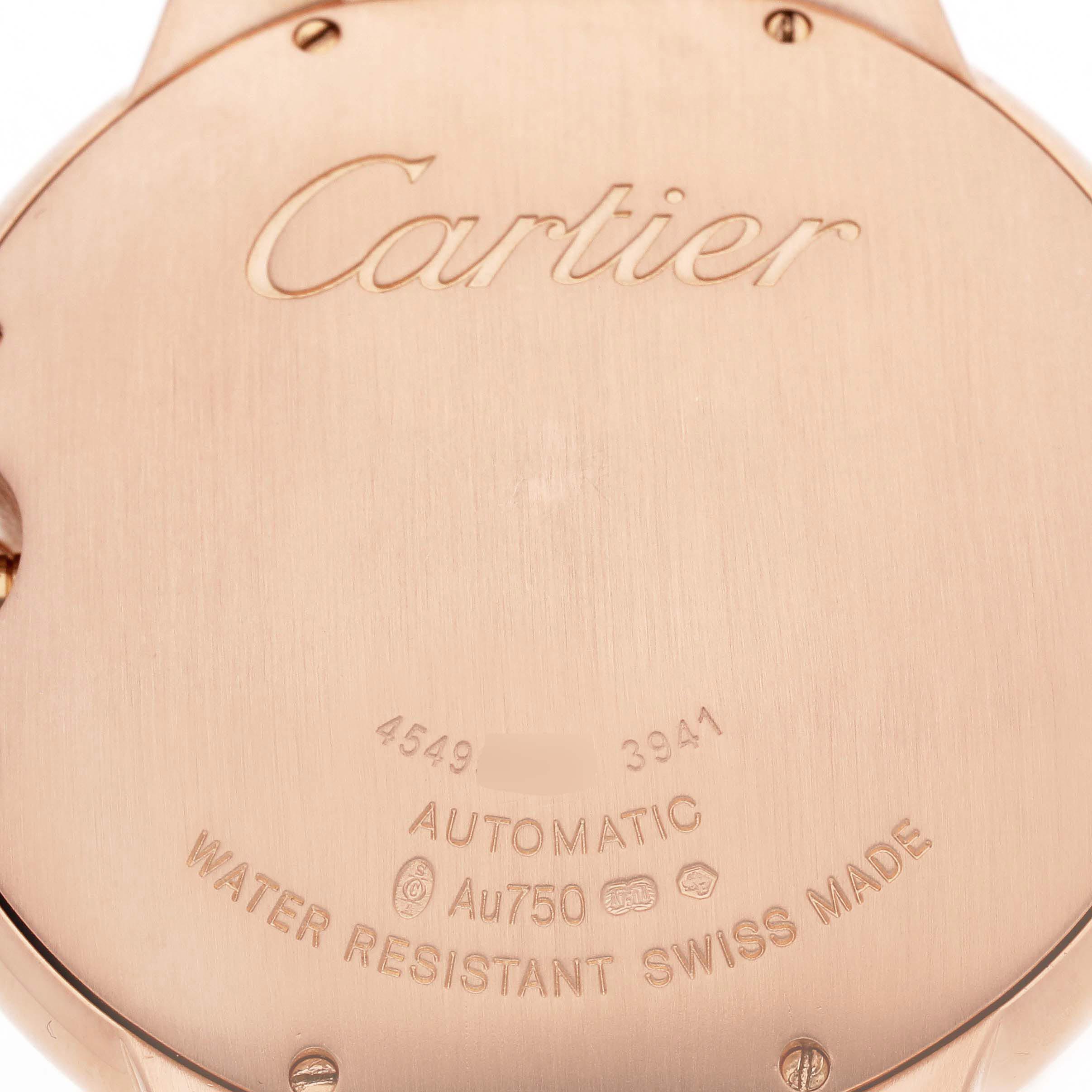 The image shows the engraved case back of a Cartier Ballon Bleu WGBB0016 Men's Rose Gold Silver Dial watch, displaying branding and specifications.