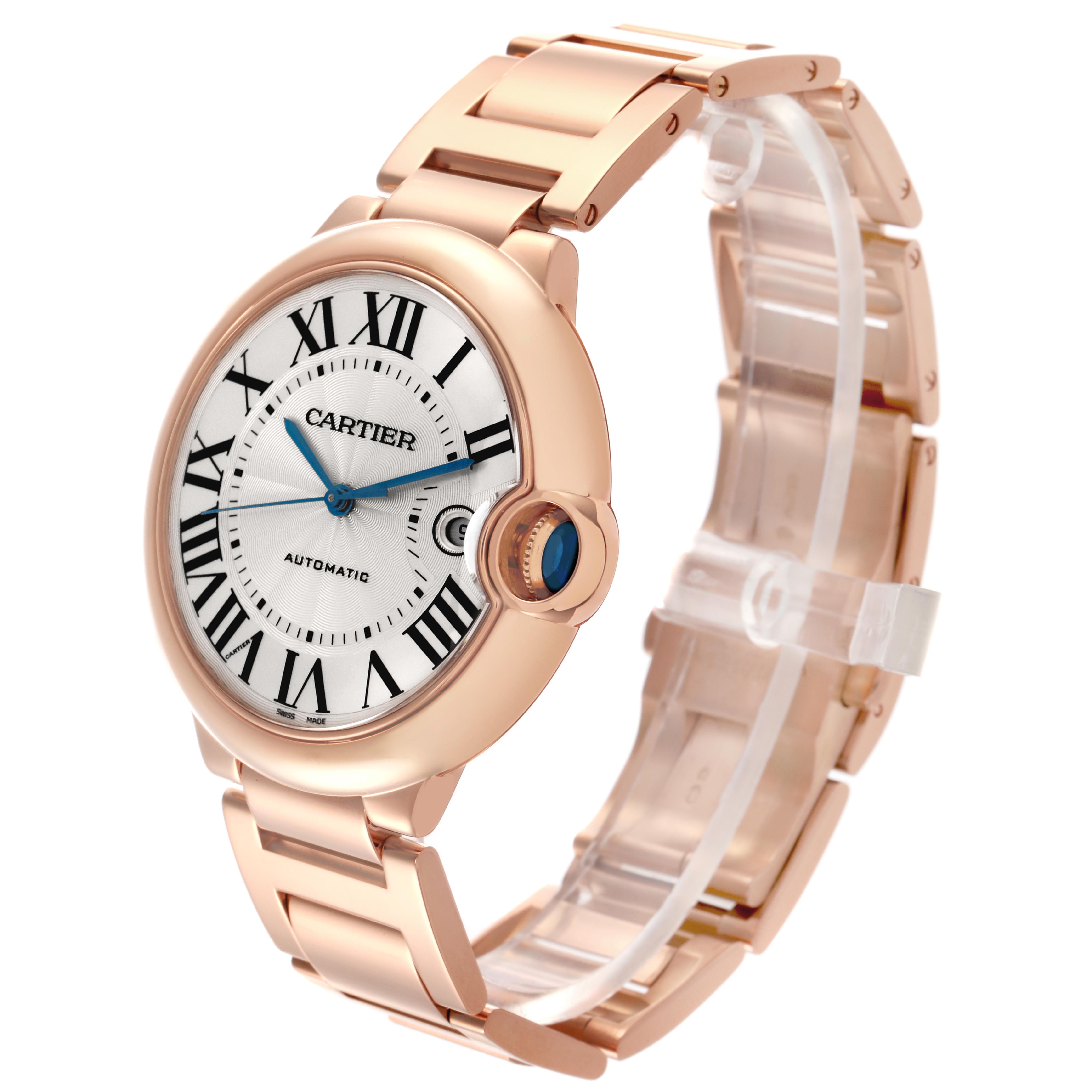 The Cartier Ballon Bleu WGBB0016 Men's Rose Gold Silver Dial watch is shown at a three-quarter angle, highlighting the face, bracelet, and crown.